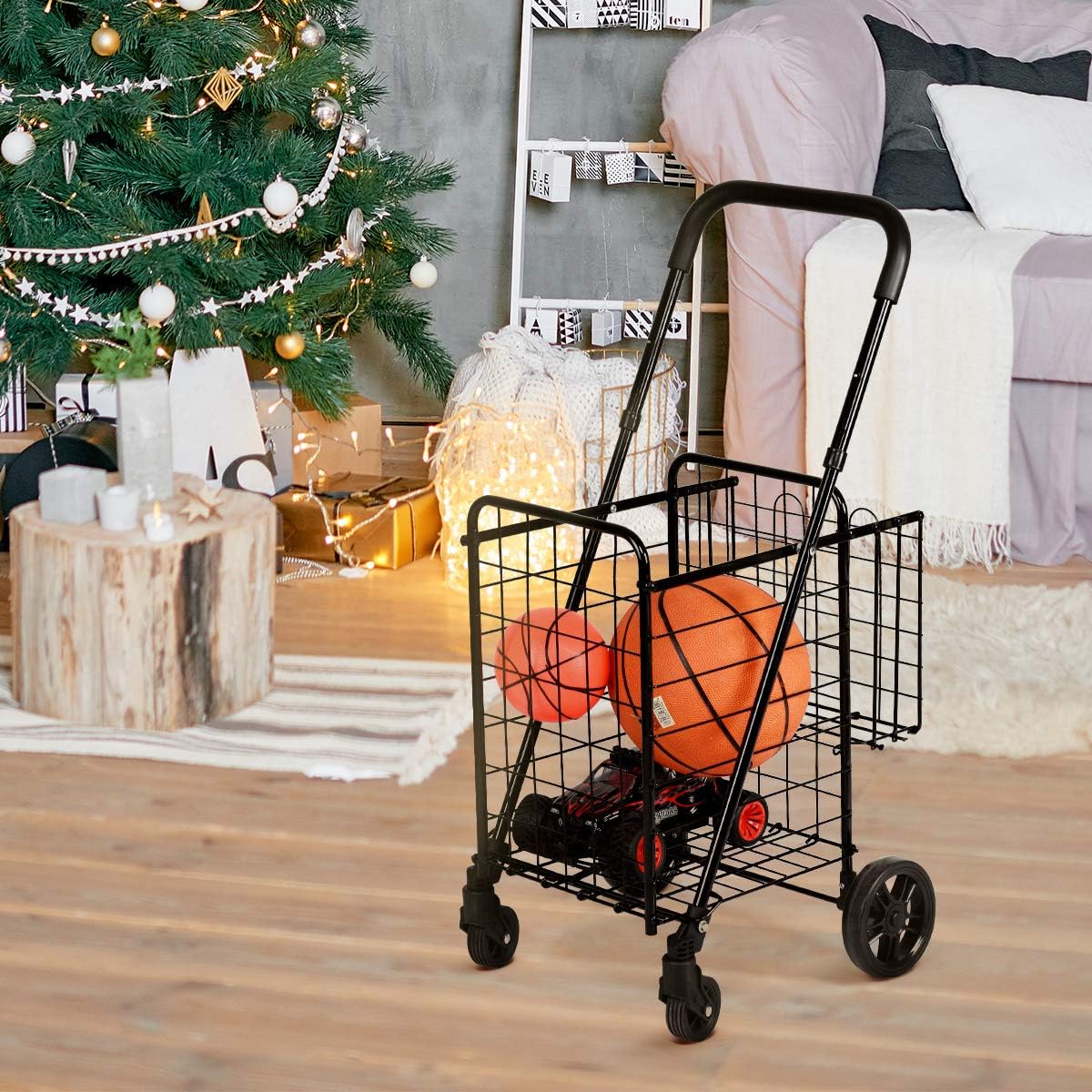Chariot De Courses Pliable GYMAX - 58L Capacité, 2 Paniers, Roues Pivotantes 360° - Idéal Supermarché Et Shopping