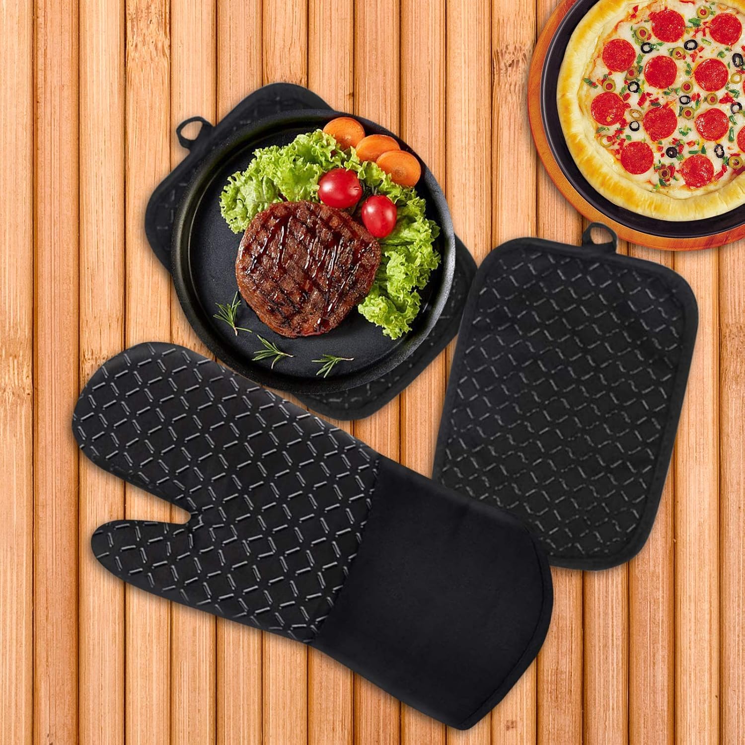 Gants de Four Gants de Four 1 Paire et Manique Silicone Gants de Cuisine Cuisine avec Tapis de Maniques Résistant à Chaleur Antidérapant (Noir) - 4