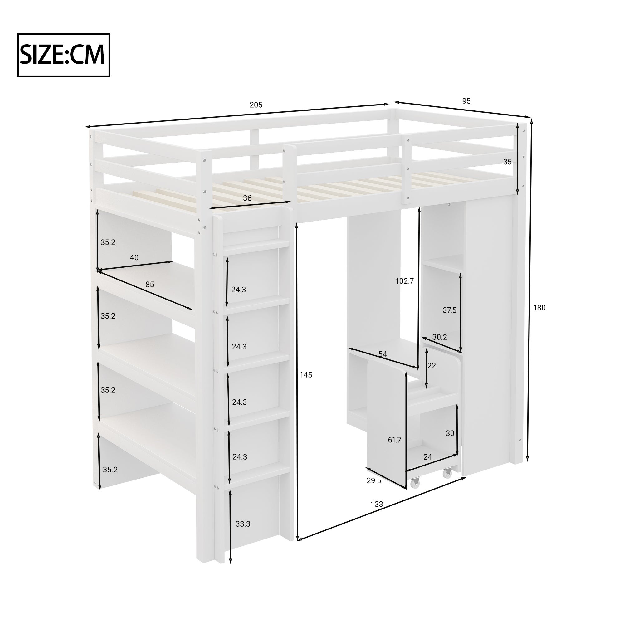Lit mezzanine enfant 90 x 200 cm avec étagères et armoire ouverte - Pin + contreplaqué + MDF - Blanc (Sans matelas) - 4