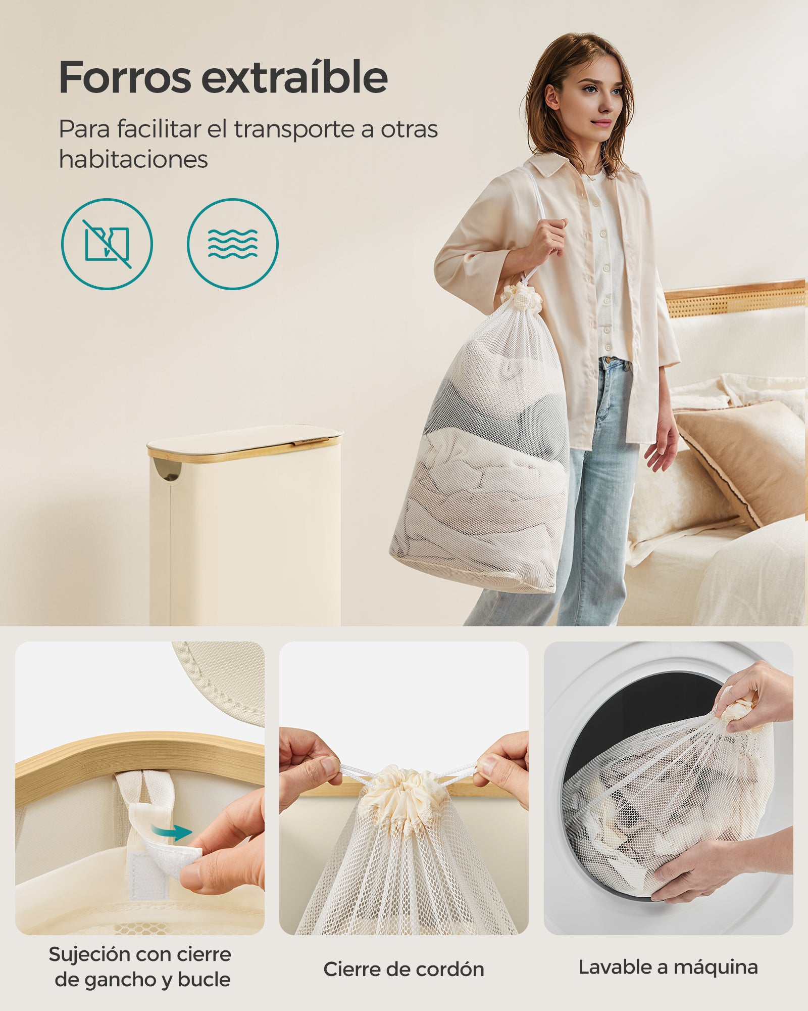 Cesto de Ropa Sucia con Tapa, 65 L, Delgada, Forro de Malla Extraíble, Asas Bambú, Plegable, 42 x 22,5 x 70,5 cm, Blanco - 4