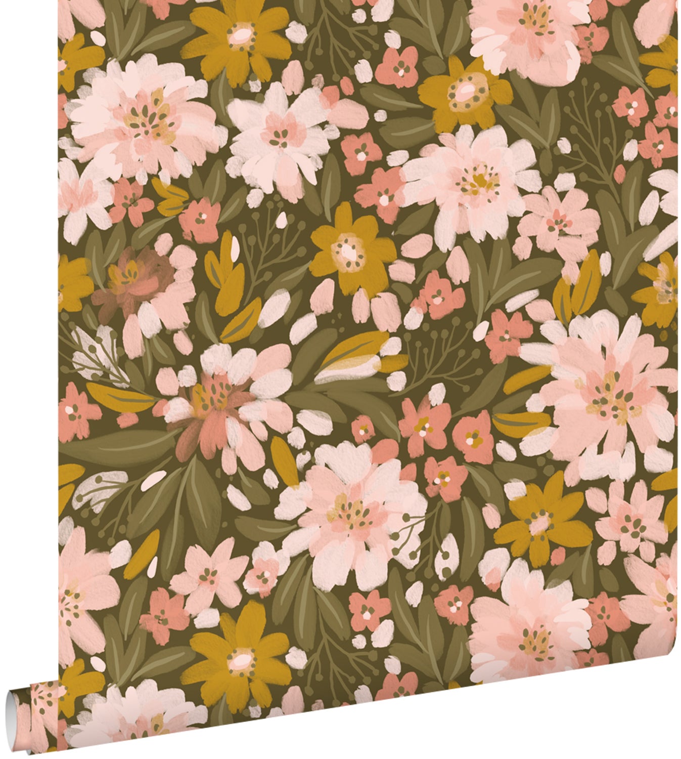 Tapeta kwiaty szaro-oliwkowym,delikatnego różuIochry żółtej - 50 x 900 cm - ESTAHOME