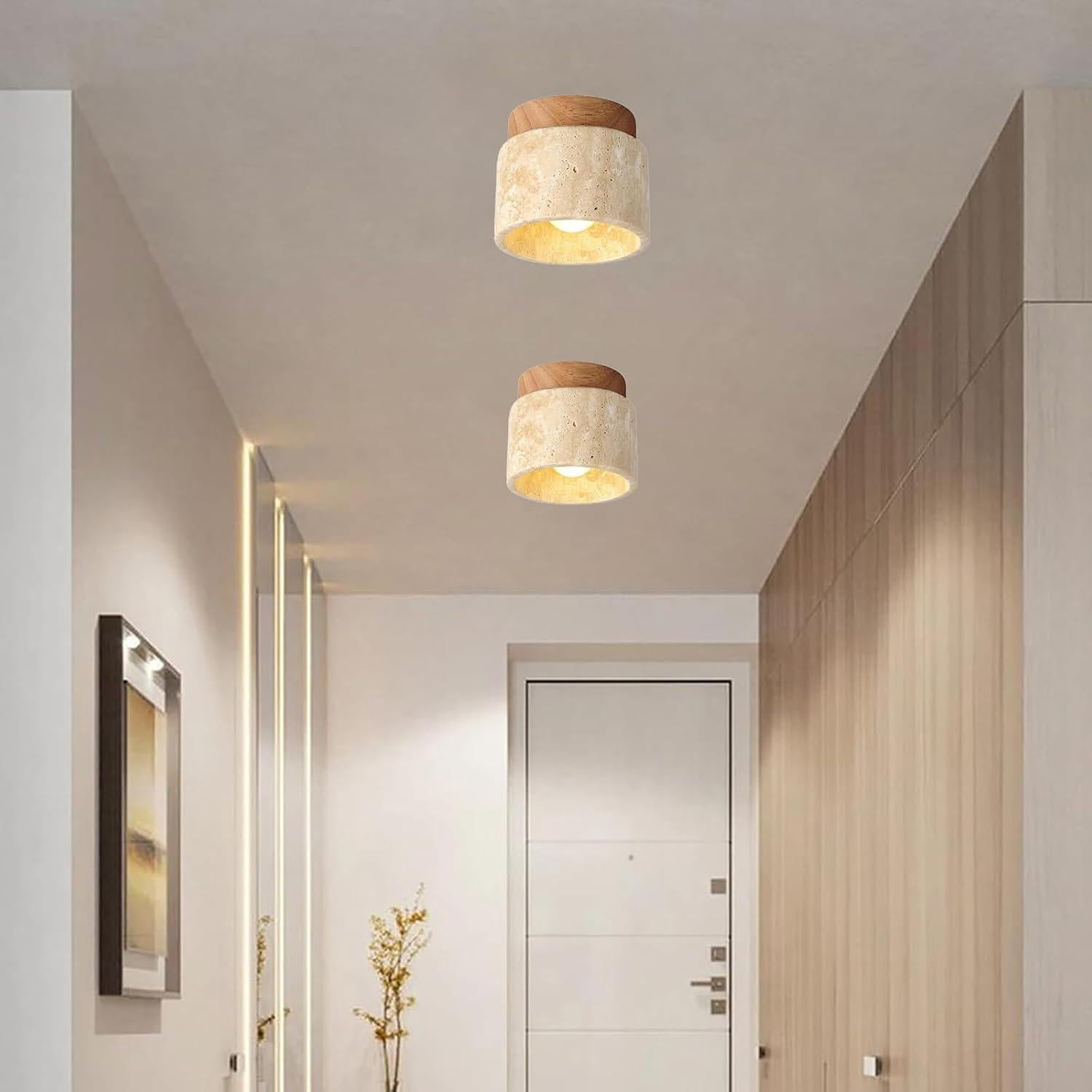 Plafonnier Luminaire Vintage Créativité, Travertin Jaune Naturel Abat-jour Lampe de plafond Bois Suspension Pour Salon Cuisine Couloir Chambre - 3