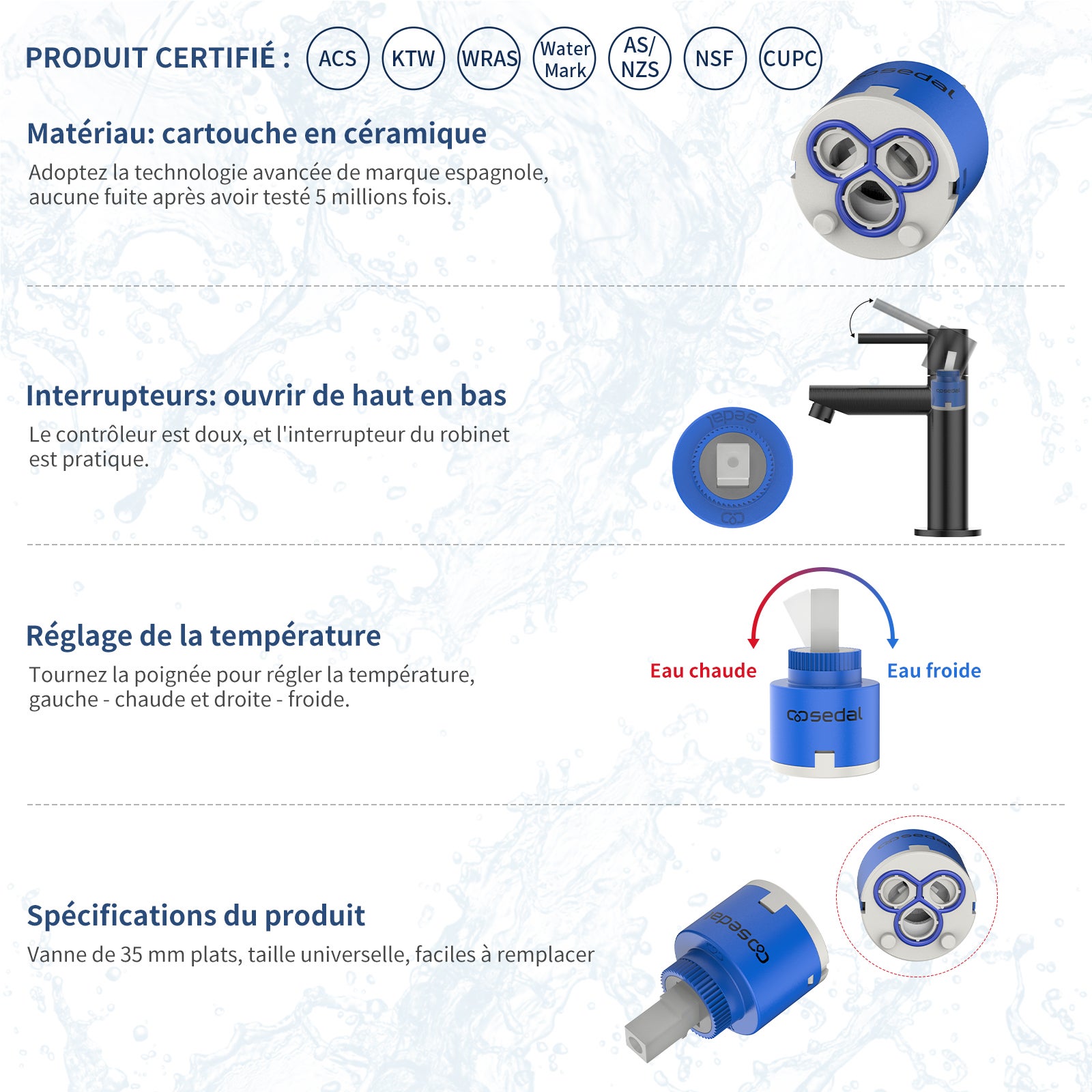 Cartouche de Robinet en Céramique Cartouche Céramique Sedal pour Mitigeur Valve Remplacement 35MM - 2