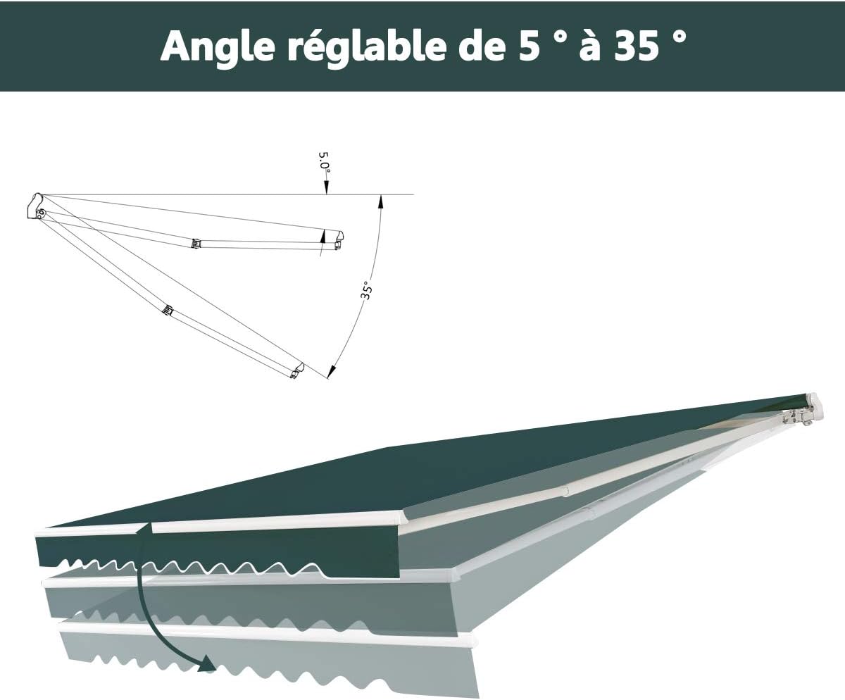 Store Banne 4 x 2,5 M Rétractable | Auvent Extérieur | Manivelle | Inclinaison 5-35°| Polyester Résistant | Protection Solaire, Vert - 3