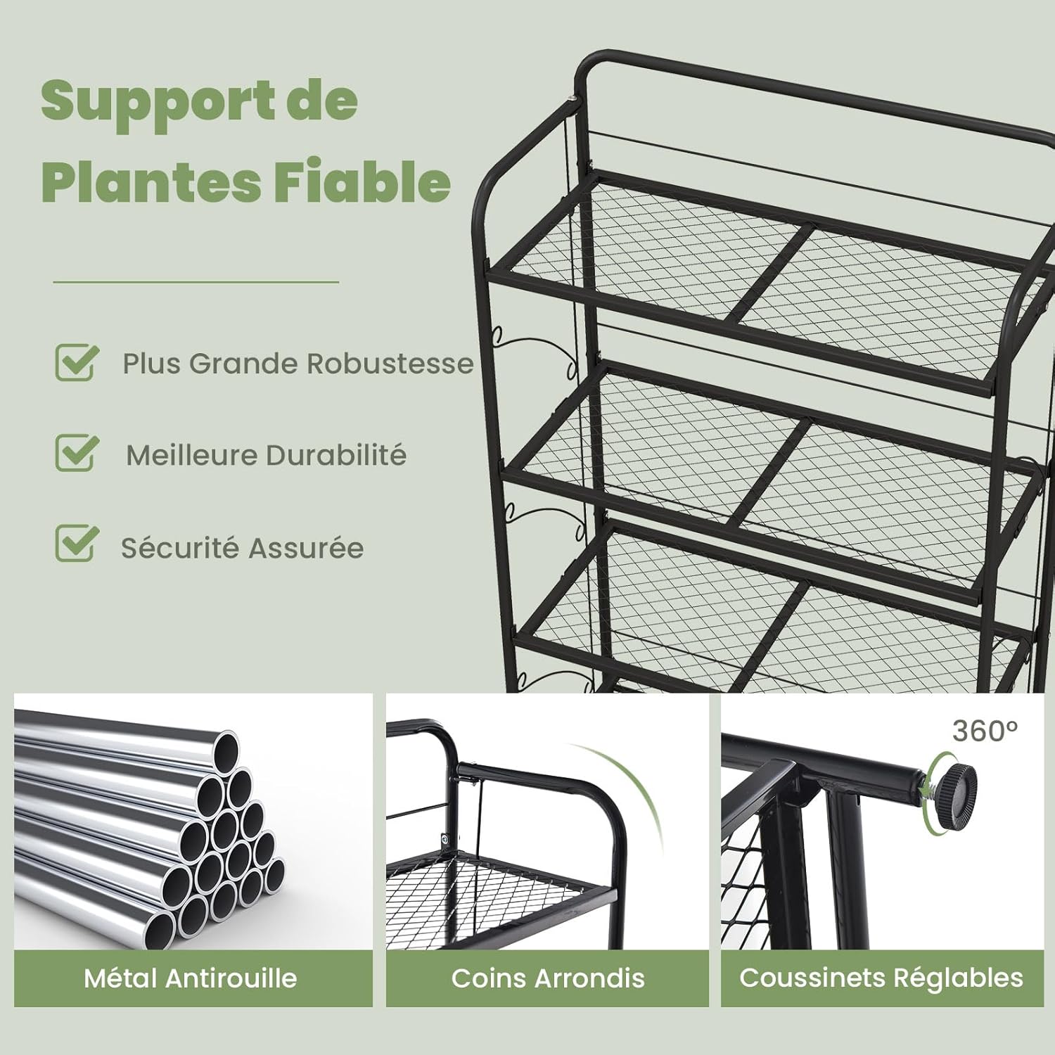 Support de Plante à 4 Niveaux en Métal, Étagère de Plantes Pliante avec Tablettes Réglables, Pieds Réglables, Support pour Plantes pour Balcon, Jardin - 4