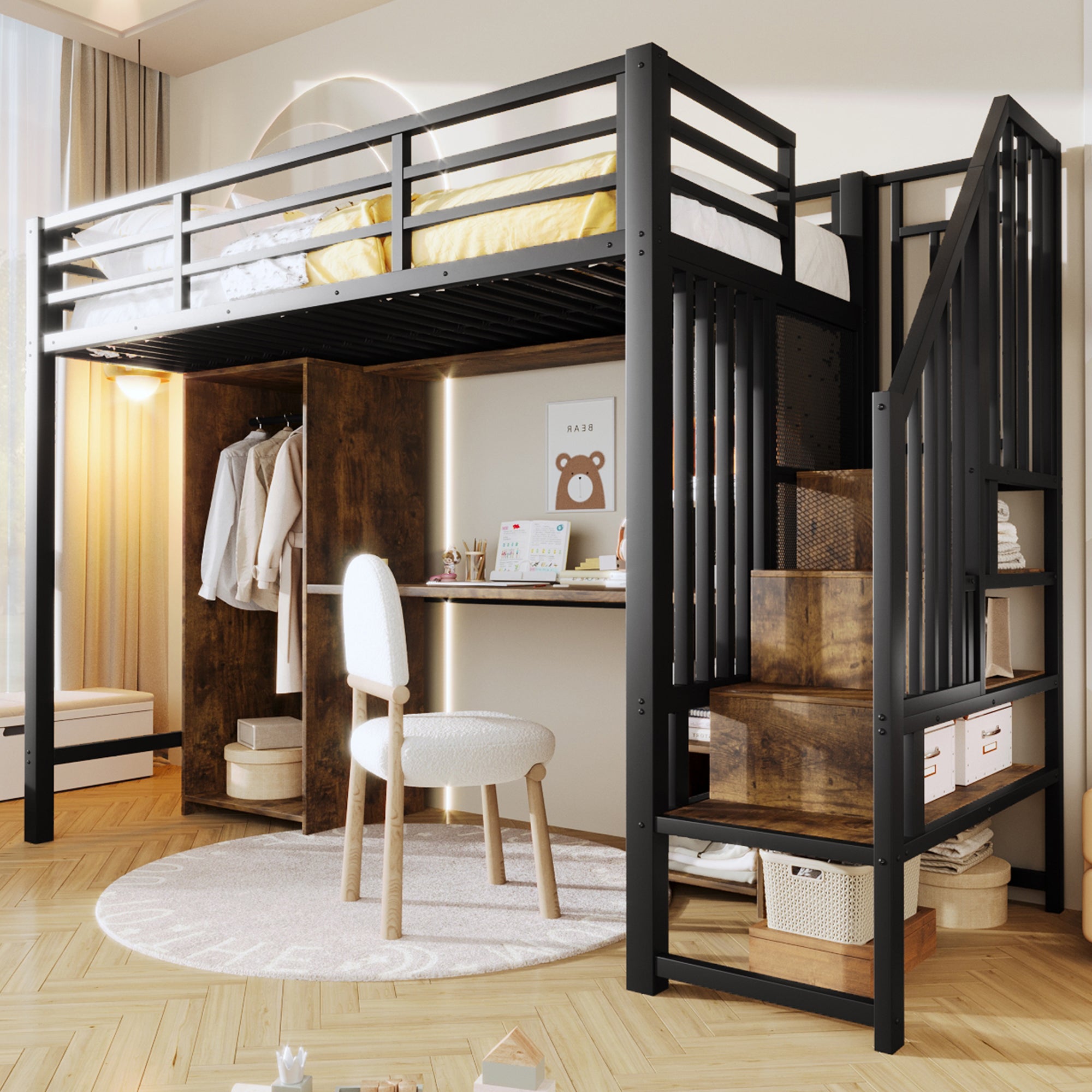 Lit mezzanine avec bureau,Lit simple 90x200 cm avec penderie et rangements,Lit mezzanine en fer,avec escalier de rangement,Noir(matelas non inclus) - 6