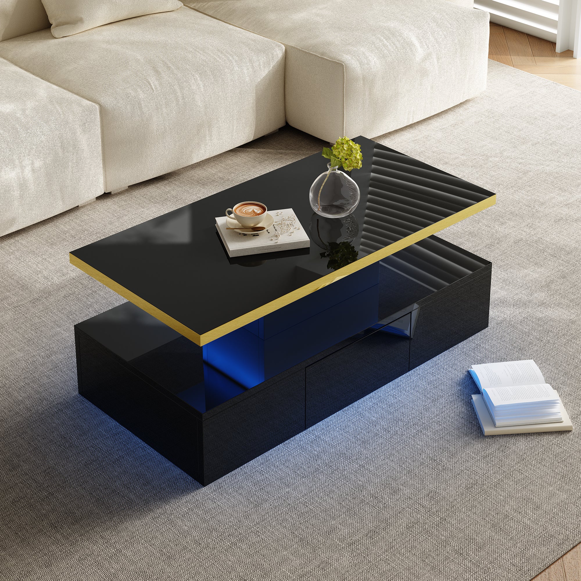 Mesa de centro - 1 cajón y 2 estantes - tablero de partículas - LED - negro brillante - 5