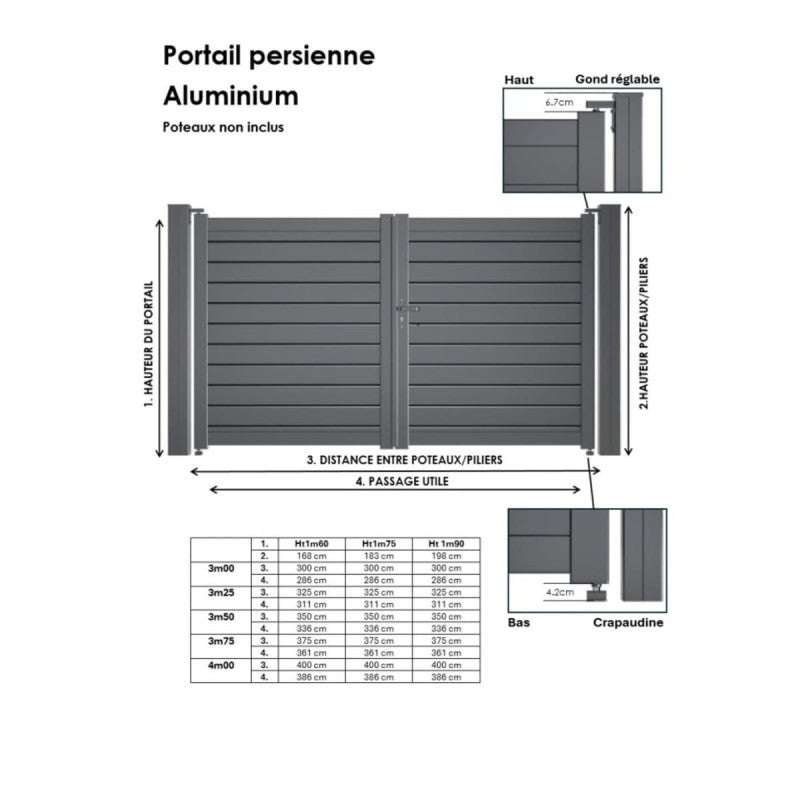 Portail battant Aluminium Persienne - Largeur 4m - Hauteur 1m75 – Gris anthracite - Prêt à poser - 3
