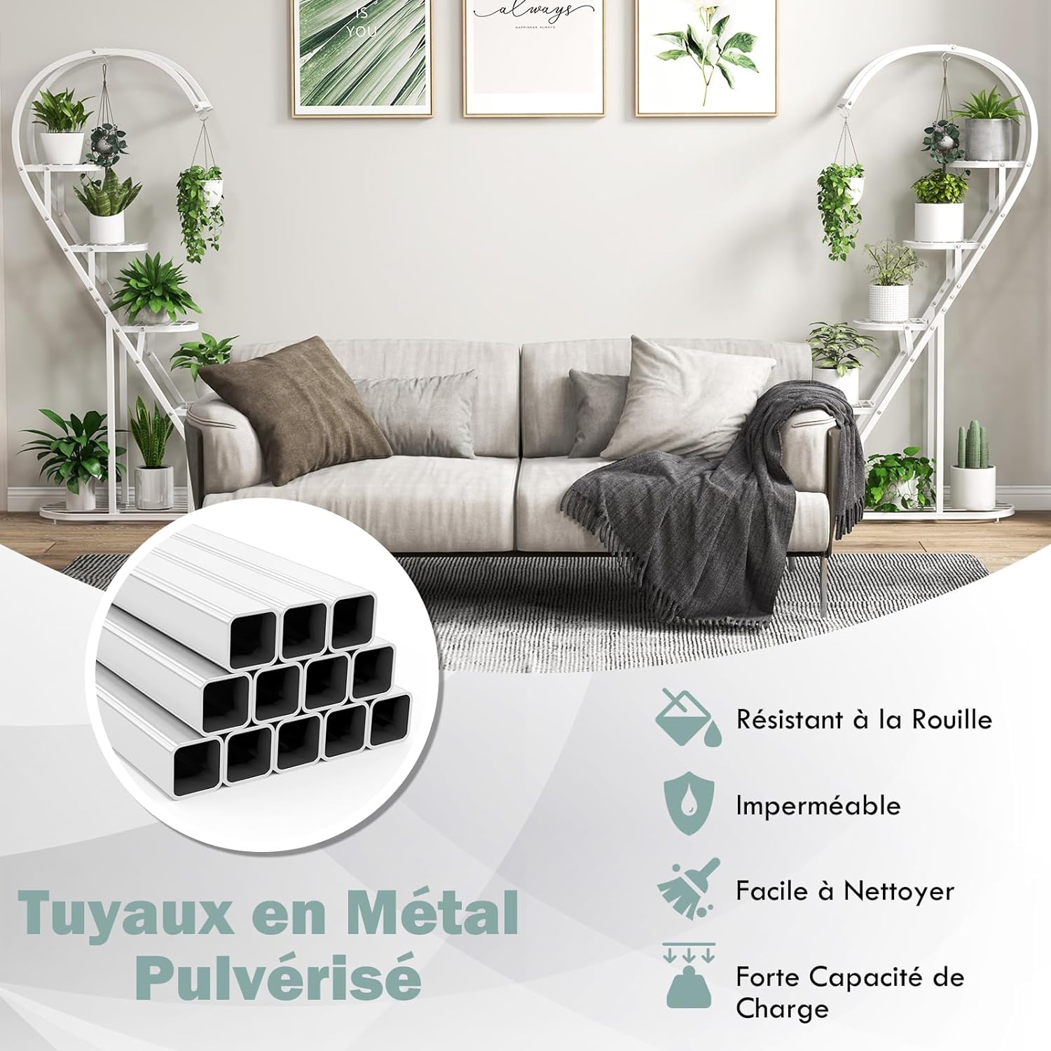 Support pour Plante à 5 Niveaux en Métal, Étagère en Forme de Cœur avec 4 Crochets, Plate-forme à Lattes, Blanc - 5