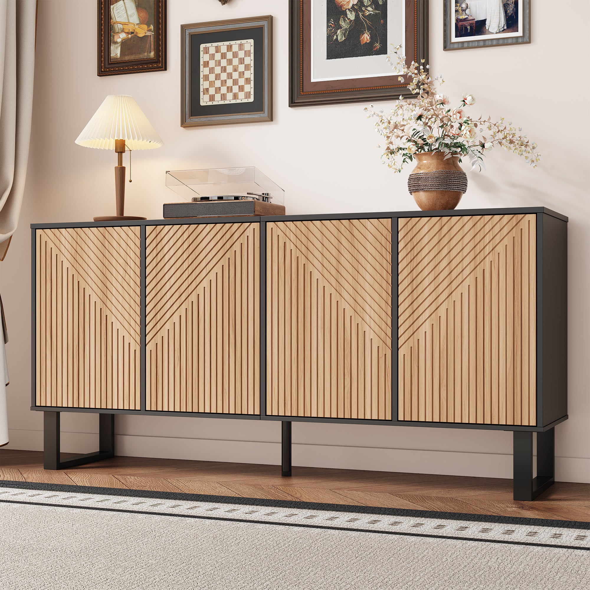 Nowoczesna komoda z 4 drzwiami - 160 x 38 x 75 cm - Płyta wiórowa + MDF - Kolor naturalny + czarny - 6