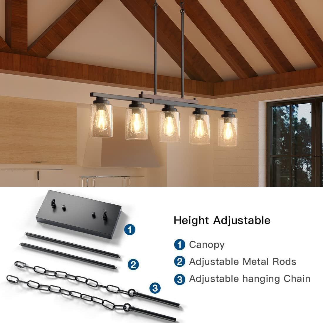 Lustre de cuisine 5 lumières avec tiges réglables, décoration rustique, suspension en métal avec abat-jour en verre, luminaires pour îlot de cuisine - 5