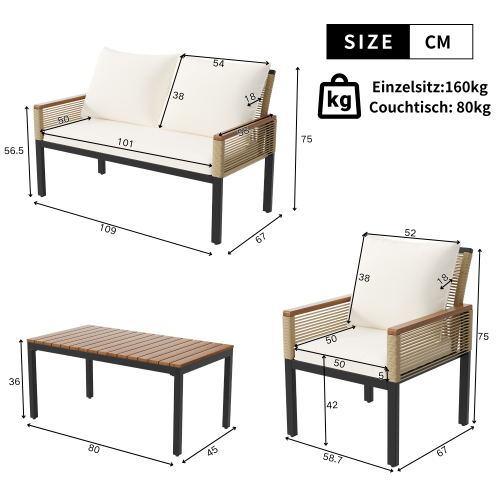 Salon de Jardin en Rotin avec Canapé Double, 2 Fauteuils et Table, Coussin Confortable pour Terrasse - 4