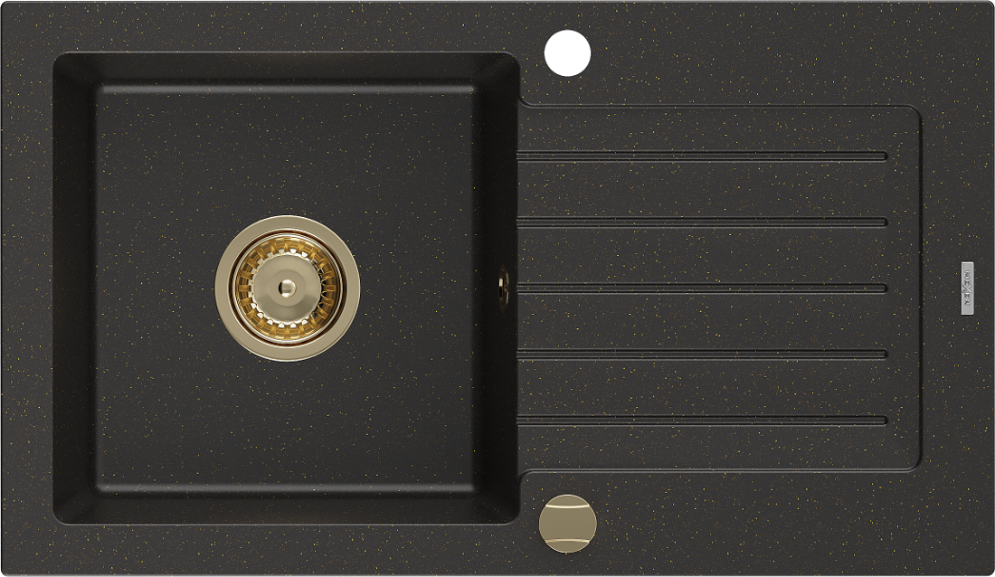 Mexen Pablo zlewozmywak granitowy 1-komorowy z ociekaczem 752 x 436 mm, czarny/złoty metalik, syfon złoty - 6510751010-75-G