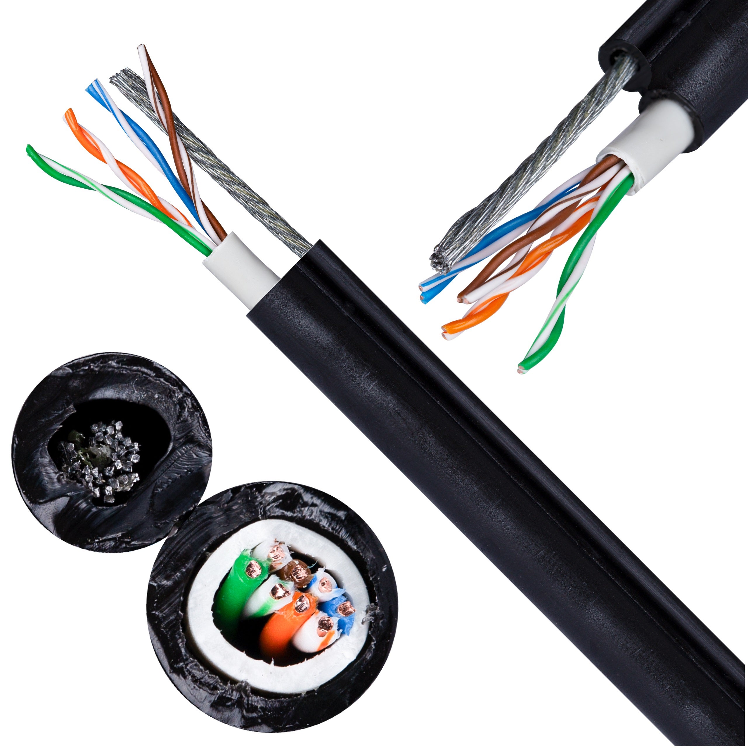 Kabel sieciowy U/UTP kat.5e skrętka 4x2x0,5mm zewnętrzny suchy z linką nośną PE czarny SATEC 500m