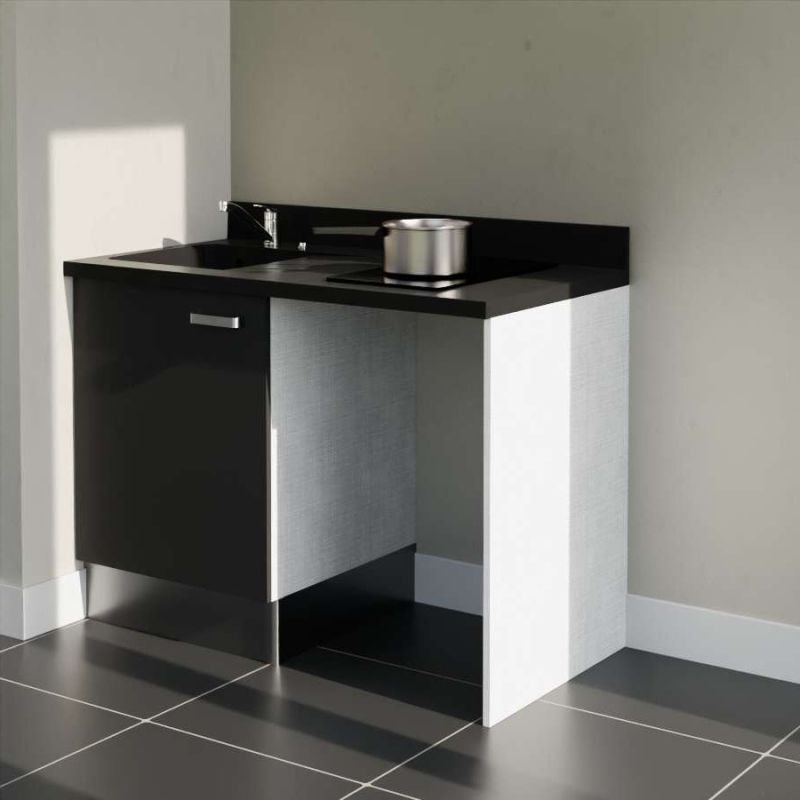 Kitchenette K08L - 120 cm a Noir - Nero - Plan monobloc quartz évier à gauche - 3