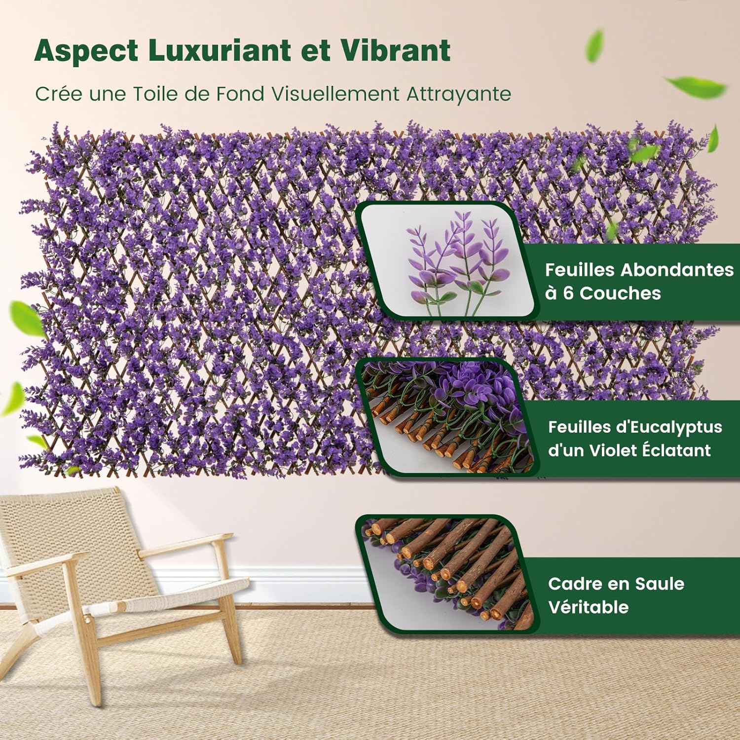 Haie Artificielle Brise-Vue Décoration Extensible, Panneau pour Clôture Décoratif Artificiel Protection Solaire Cadre(Eucalyptus Violet) - 3