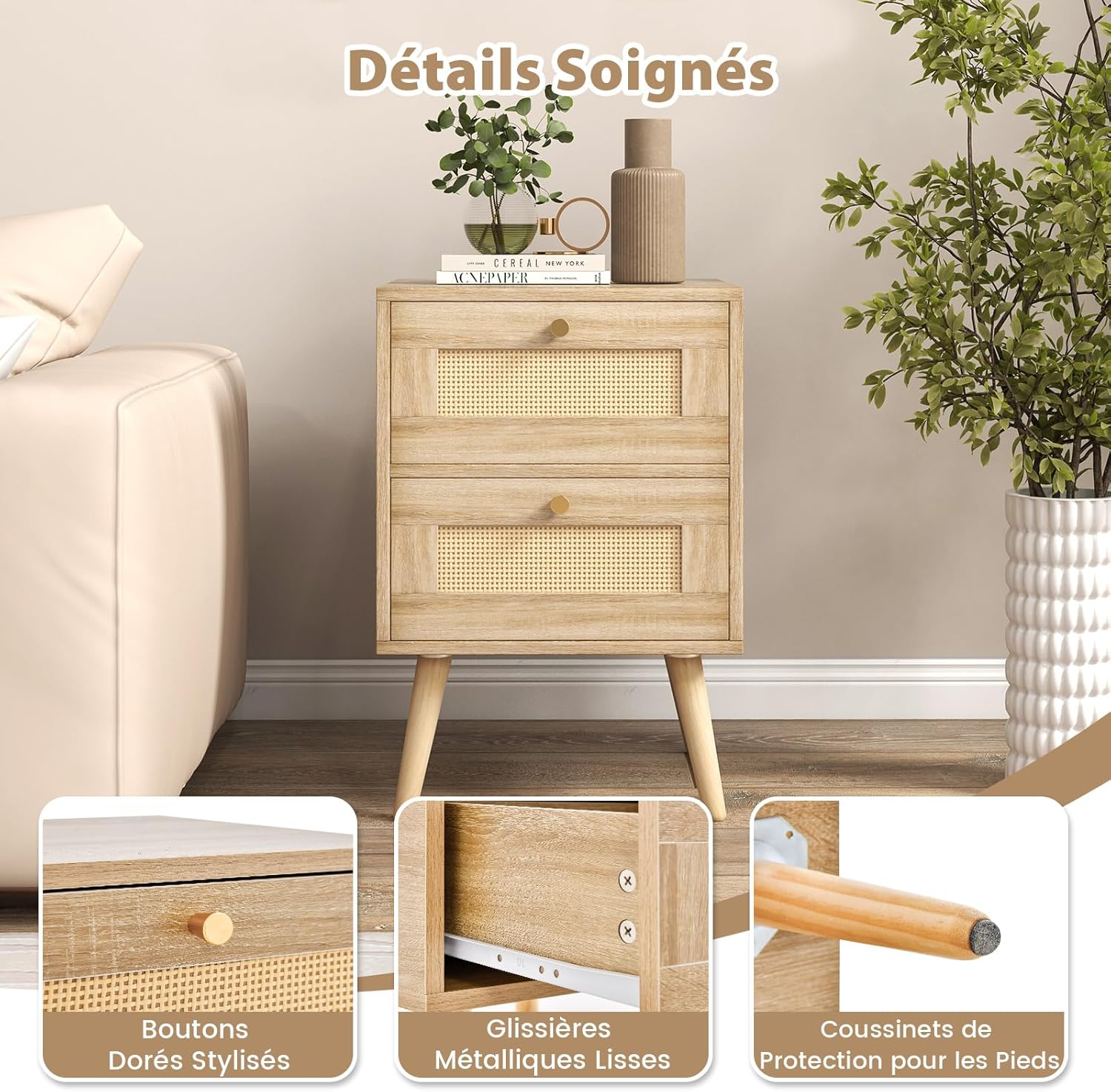 Table de Chevet en Rotin, Table de Nuit Bois avec 2 Tiroirs et 4 Pieds en Pin, Porte Cannage, Style Bohème, 40 x 40 x 59 cm (2) - 5