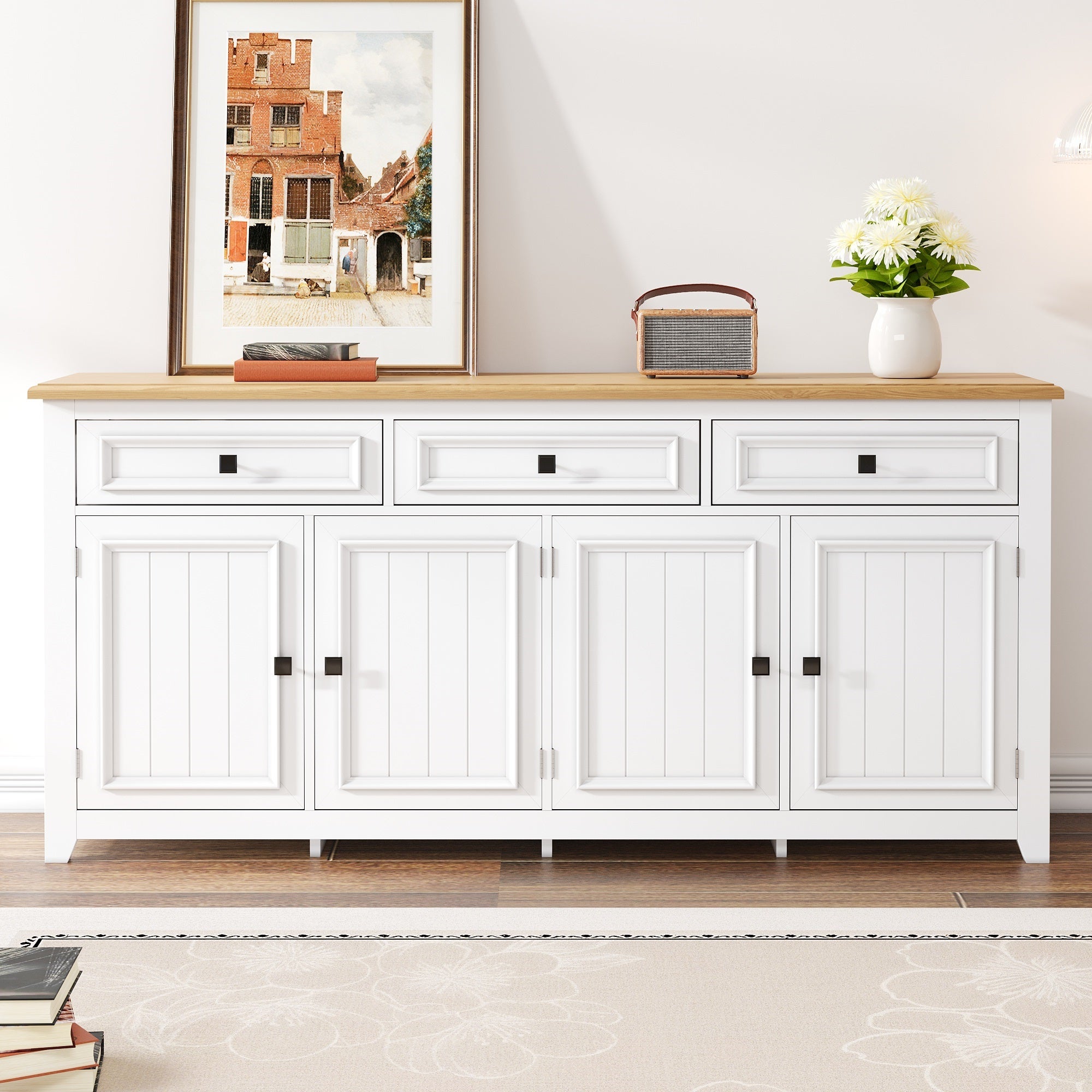 Nowoczesna komoda z 3 drzwiami i 2 szufladami - 160 x 35 x 76 cm - MDF - do salonu, kuchni - biała - 5