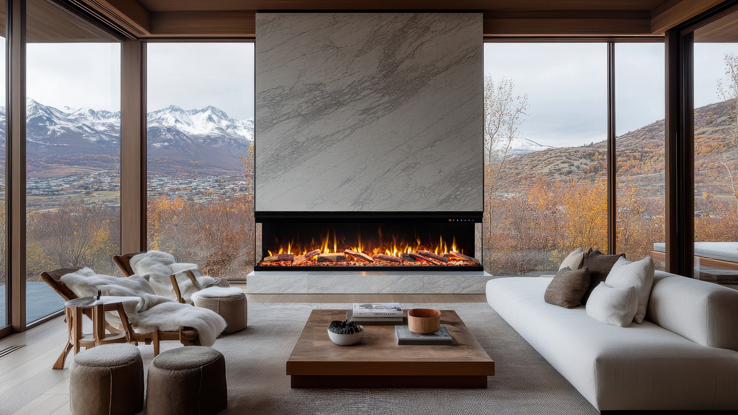 Cheminée électrique à 3 côtés AFLAMO Unique 127 - feu premium - murale ou encastrable - 127x44x20 cm - cheminée LED décorative - chauffage 750/1500 W - 5