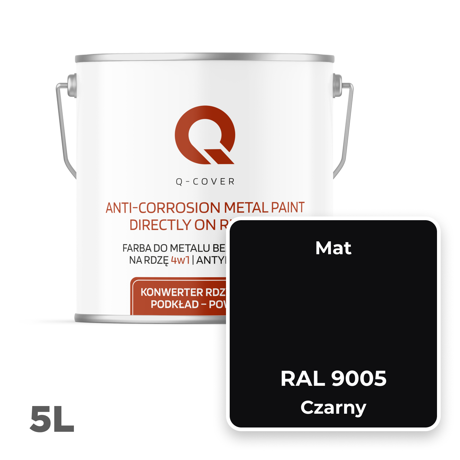 Farba do Metalu Prosto na Rdzę 4w1 Q-Cover Czarny RAL9005 Mat 5L - 2