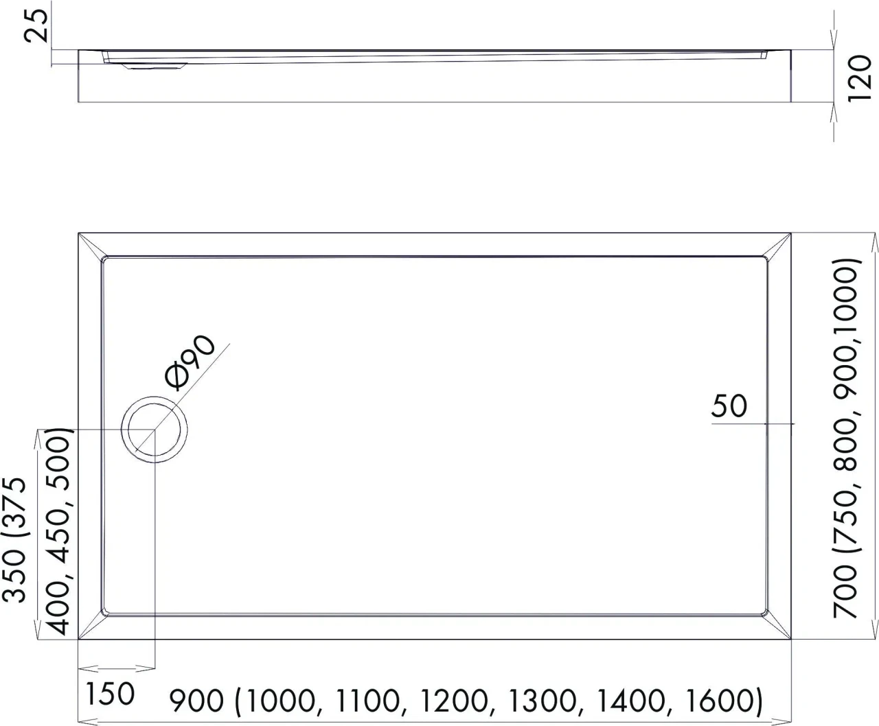 Piatto doccia in acrilico bianco 90 x 120 x 12 cm – struttura in pietra – rettangolare – JAMAICA - 3