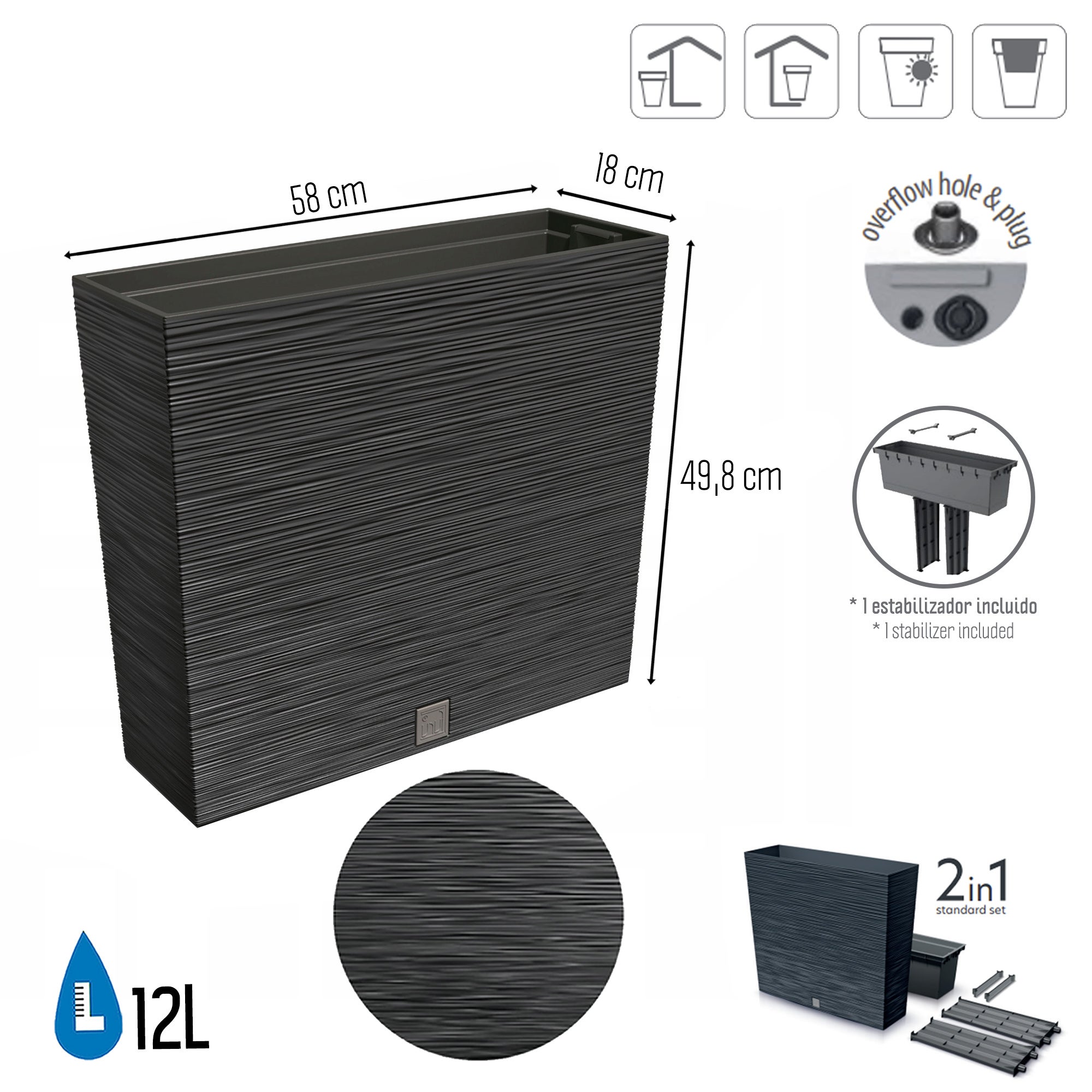 Pot de fleurs avec reserve d´eau 12 L anthracite - FURU - 2