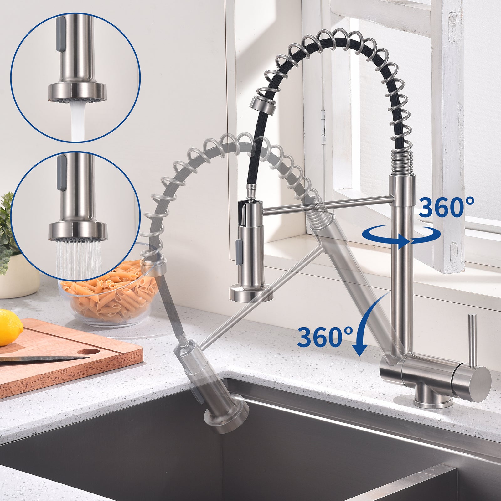 Grifo de cocina plegable con muelle en acero inoxidable cepillado, con ducha extraíble de 2 chorros, grifo de fregadero giratorio 360° en inox 304