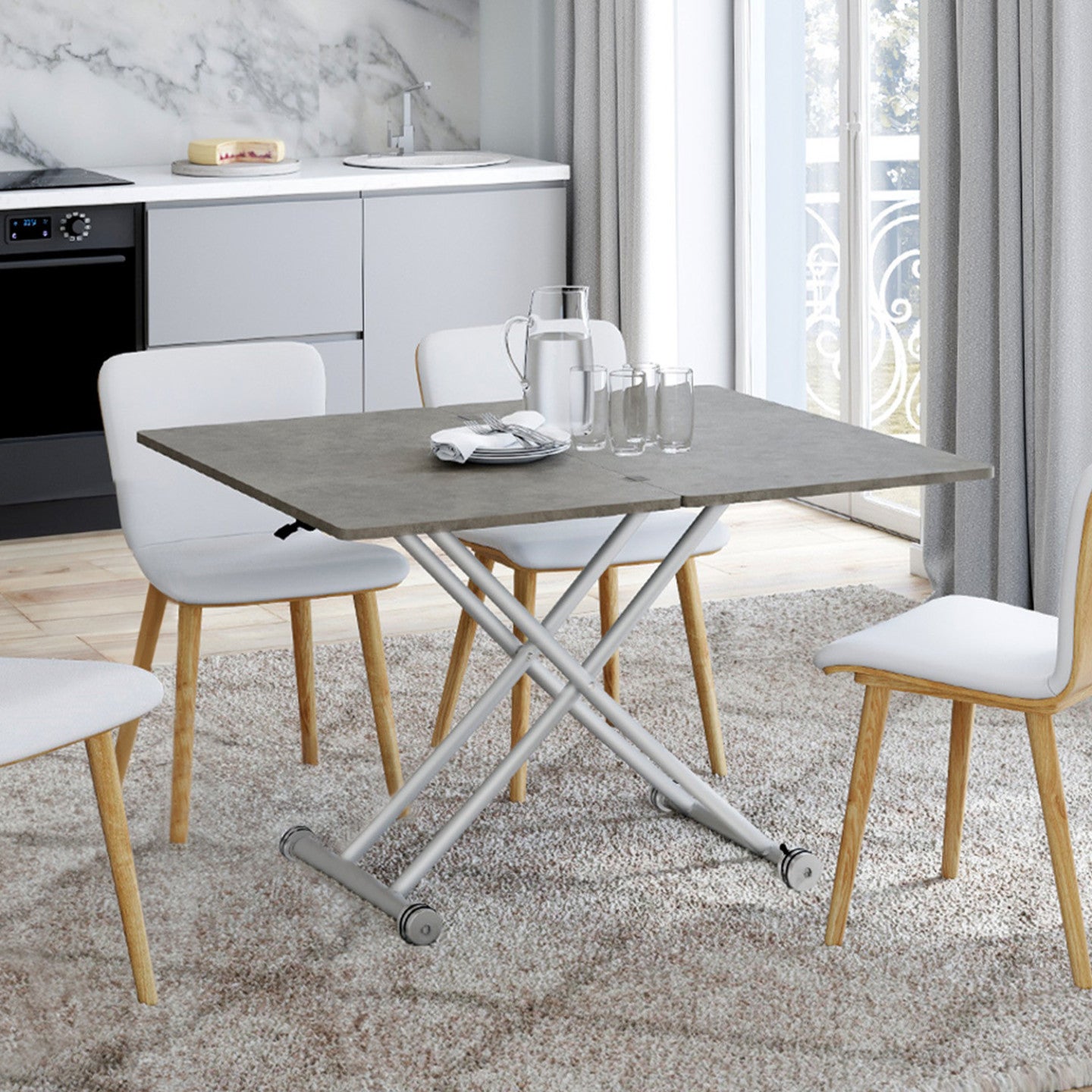 Table basse 2 en 1 relevable en table à manger rectangulaire URBANA 100 cm effet béton pied gris - 5