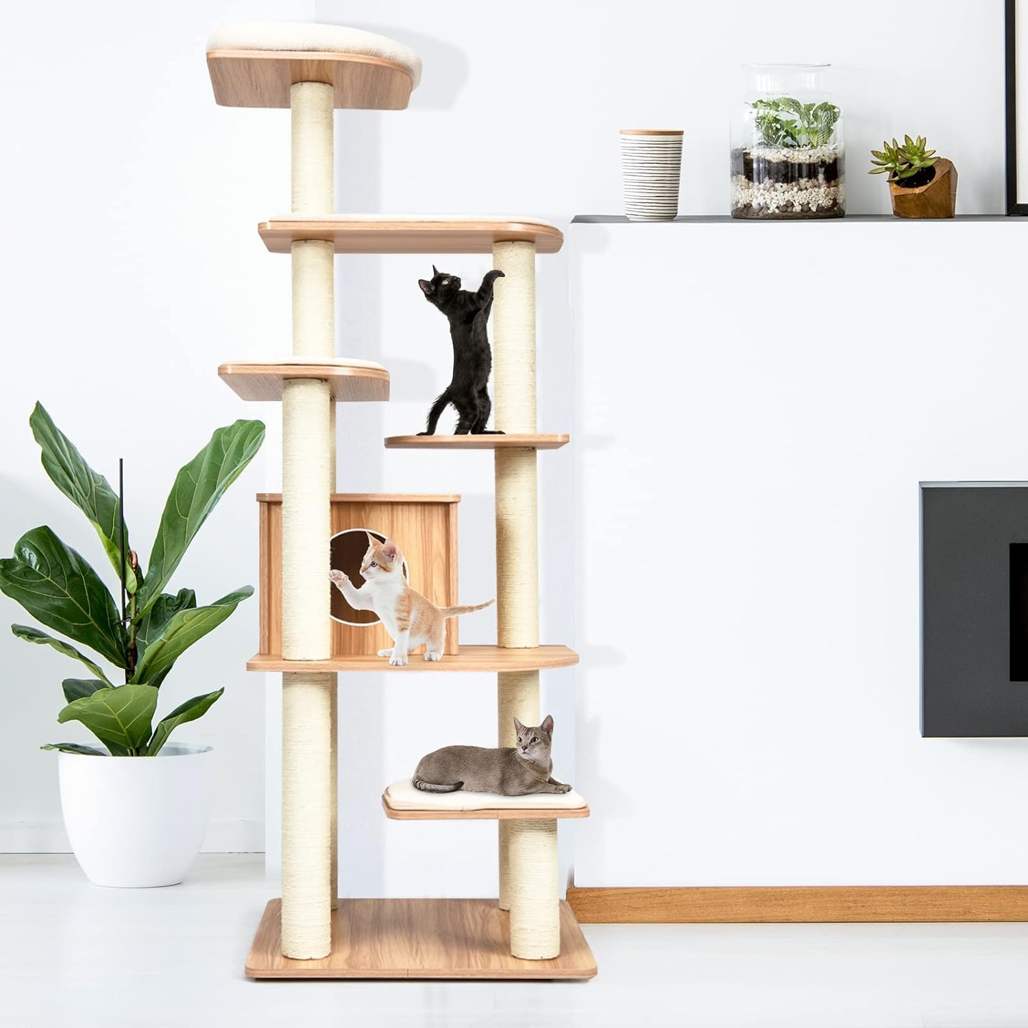 Grand Arbre a Chat 175 CM en Bois, 6 Niveaux, avec Plateformes, Coussins Confortables, Poteaux en Sisal, Conception Anti-Bascule, Naturel - 9