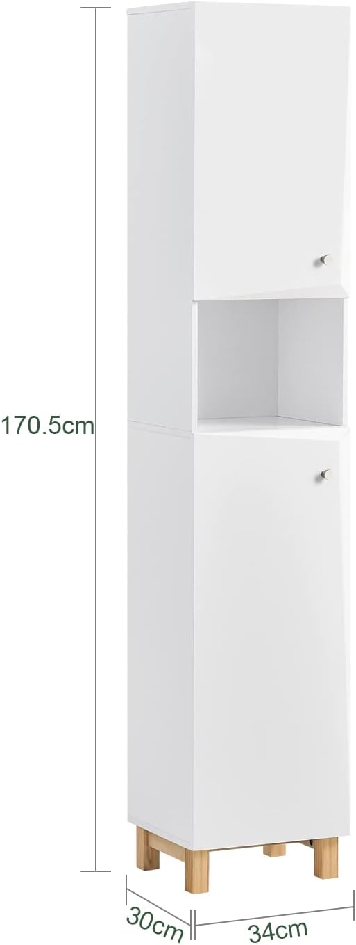 Armario Alto de Baño Mueble Baño Auxiliar Columna de Baño con 1 Comportamiento Abierto y 2 Puertas 34 x 30 x 170,5cm BZR91-W SoBuy ES - 3