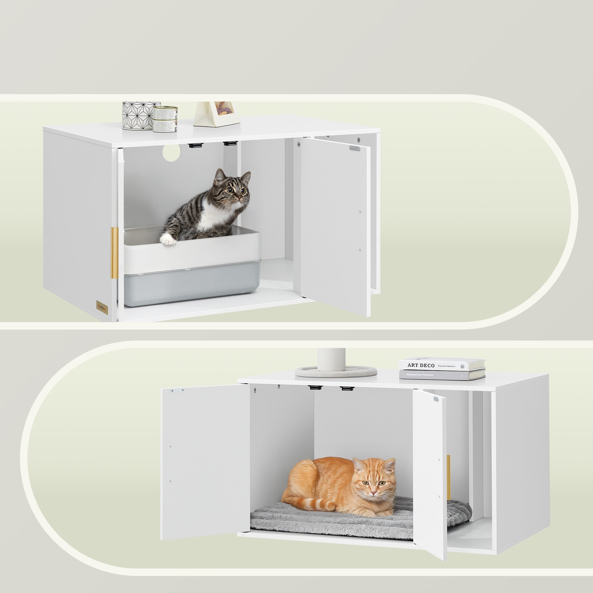 Maison pour Chat à Double Porte, Armoire Cache-Litière, Table d’Appoint, Entrée Frontale, 80 x 50 x 45 cm, Blanc - 4