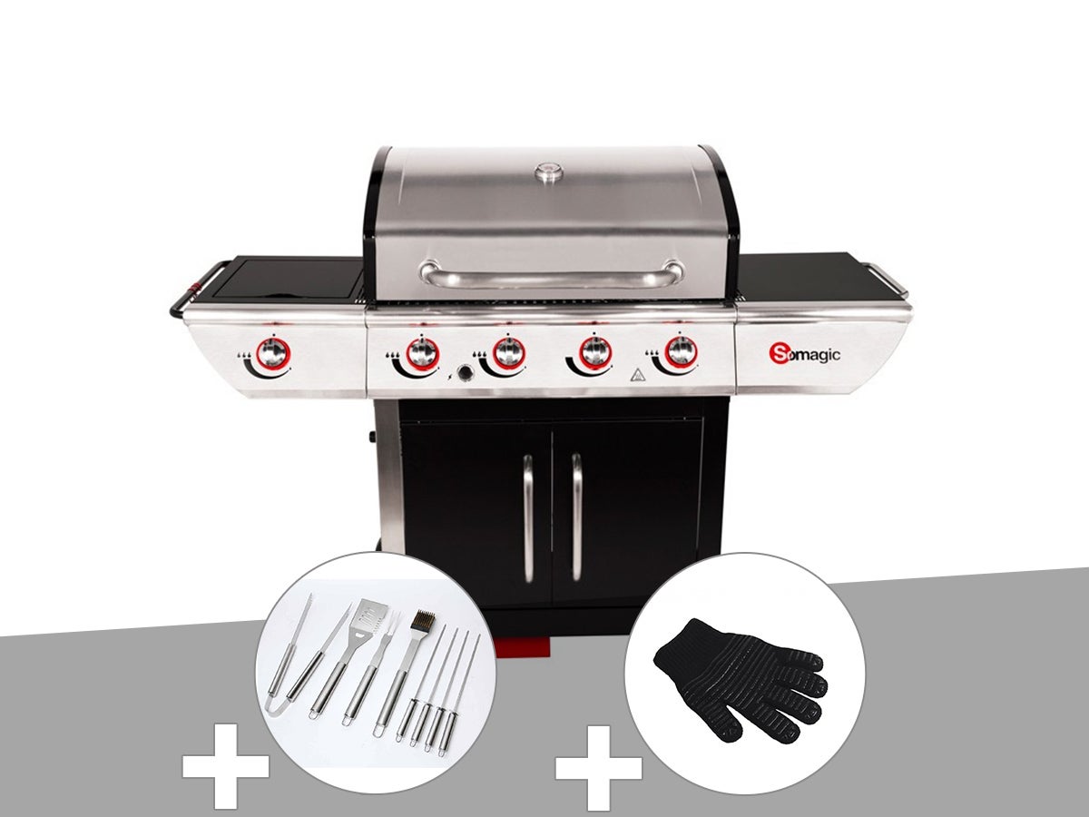 Accessoires Barbecue Pelle Brosse BIRAMBEAU, KIT Barbecue : 8 Brochettes INOX 25cm Brosse Et Gant Manique Protection Chaleur