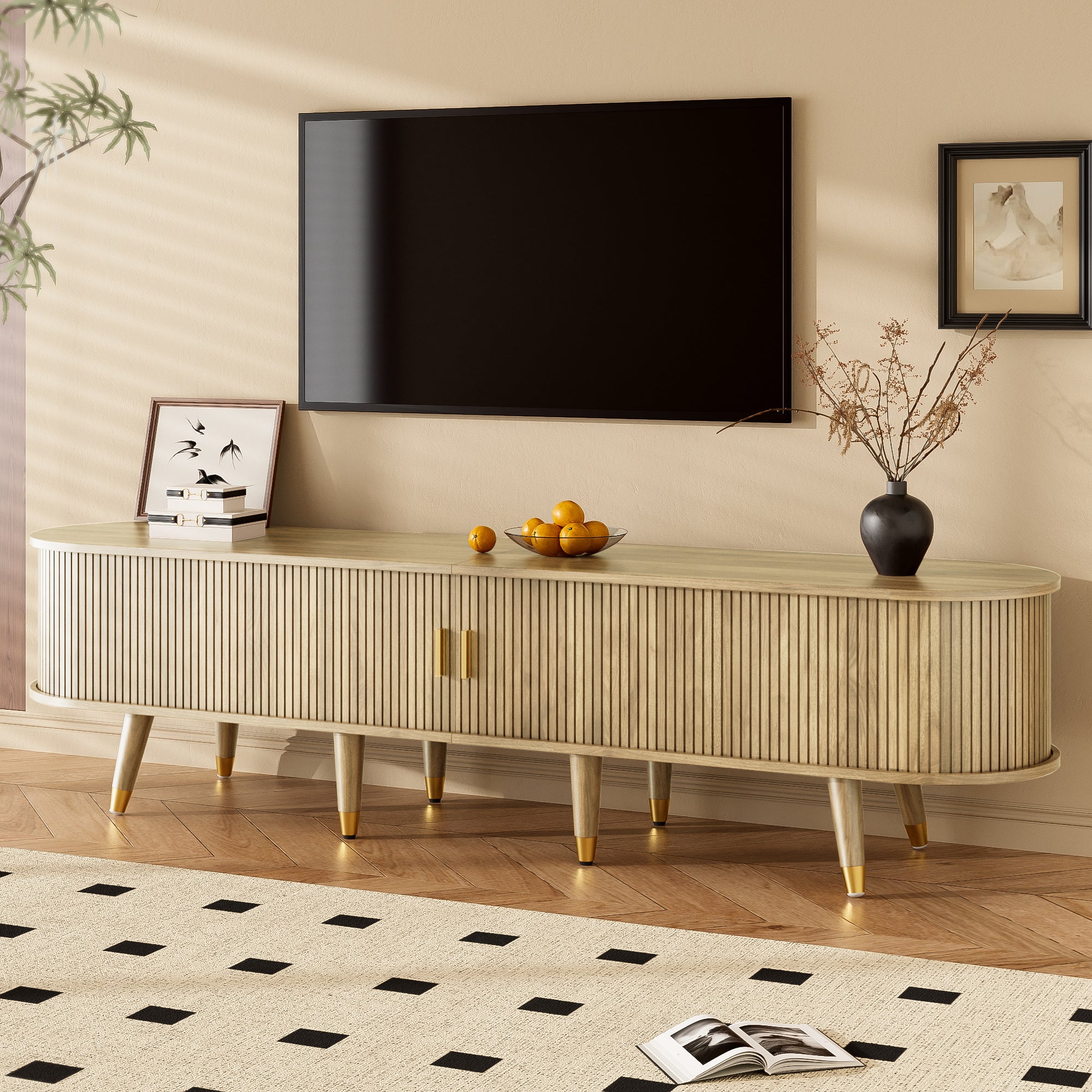 Stolik pod TV z 2 drzwiami przesuwnymi i 2 szufladami - 175 x 38 x 45 cm - MDF - Dąb - 6