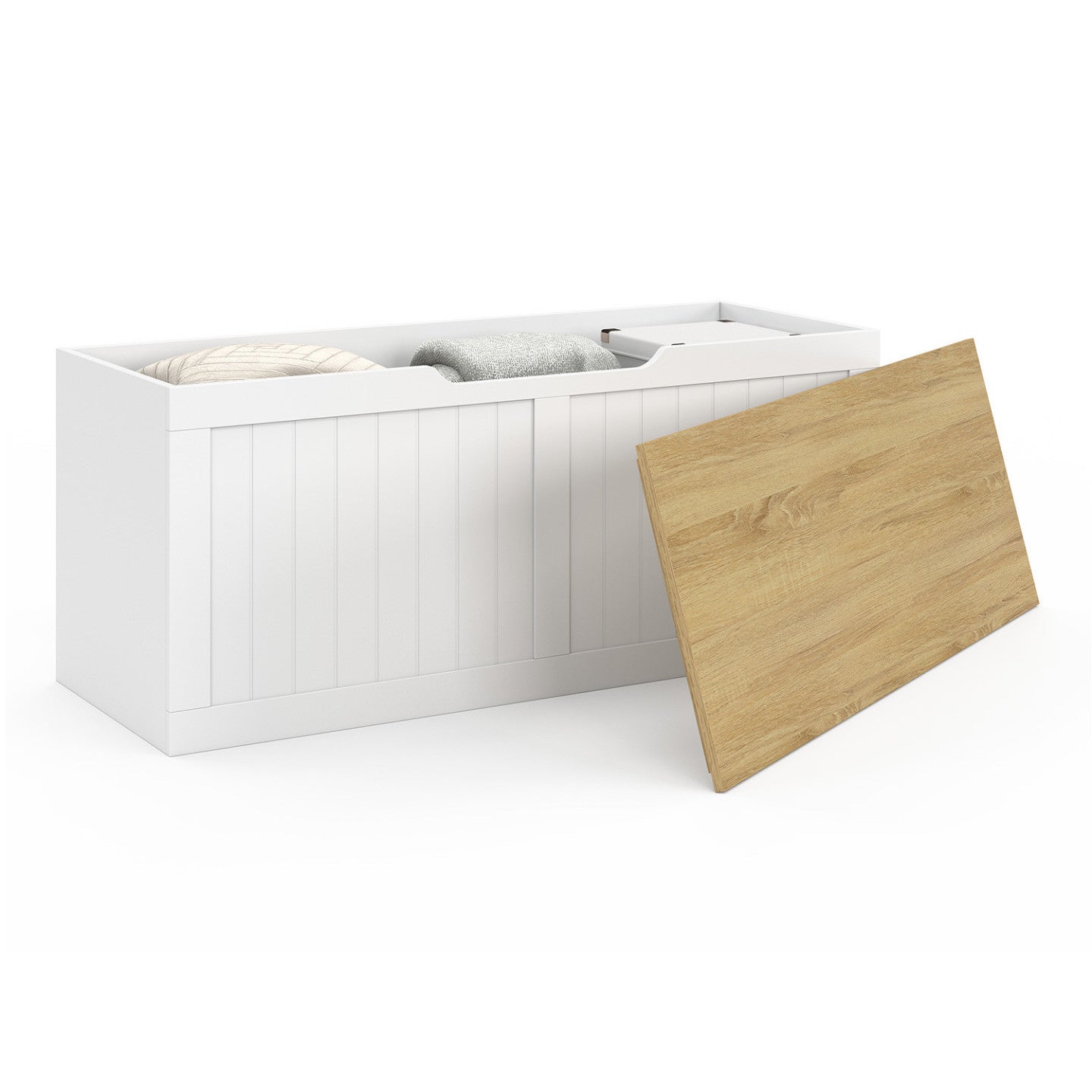 Banc coffre rangement 100 cm LEON bois et blanc - 4