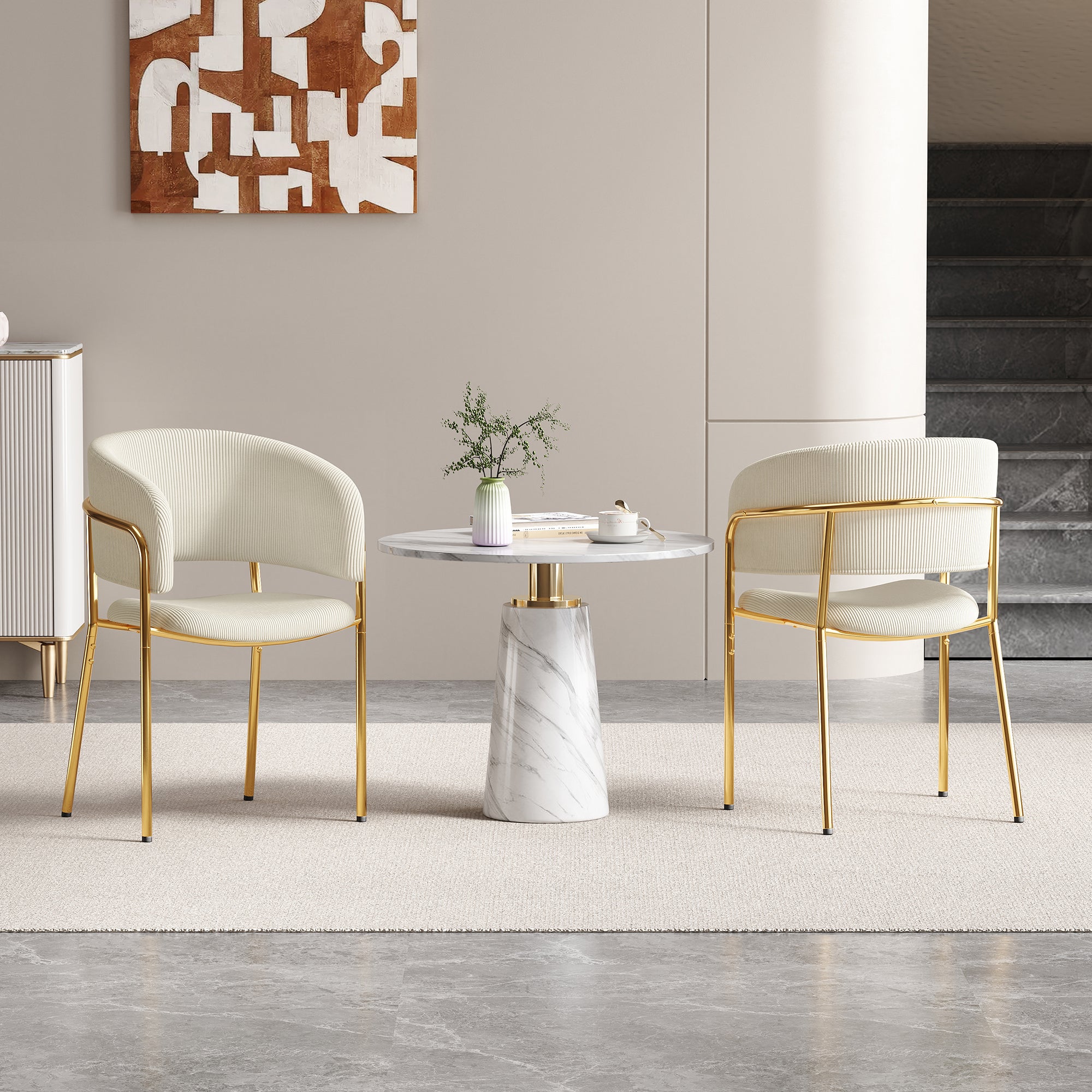 Zestaw 2 krzeseł do jadalni z podłokietnikami - 55 x 55 x 80 cm - Aksamit i złote metalowe nogi - Beżowy