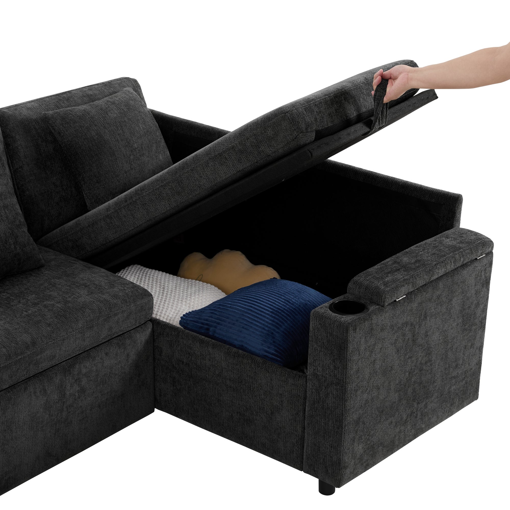 Rozkładana sofa narożna w kształcie litery L - ze schowkiem - z uchwytem na kubek - portem ładowania USB - z poduszkami - szara - 7