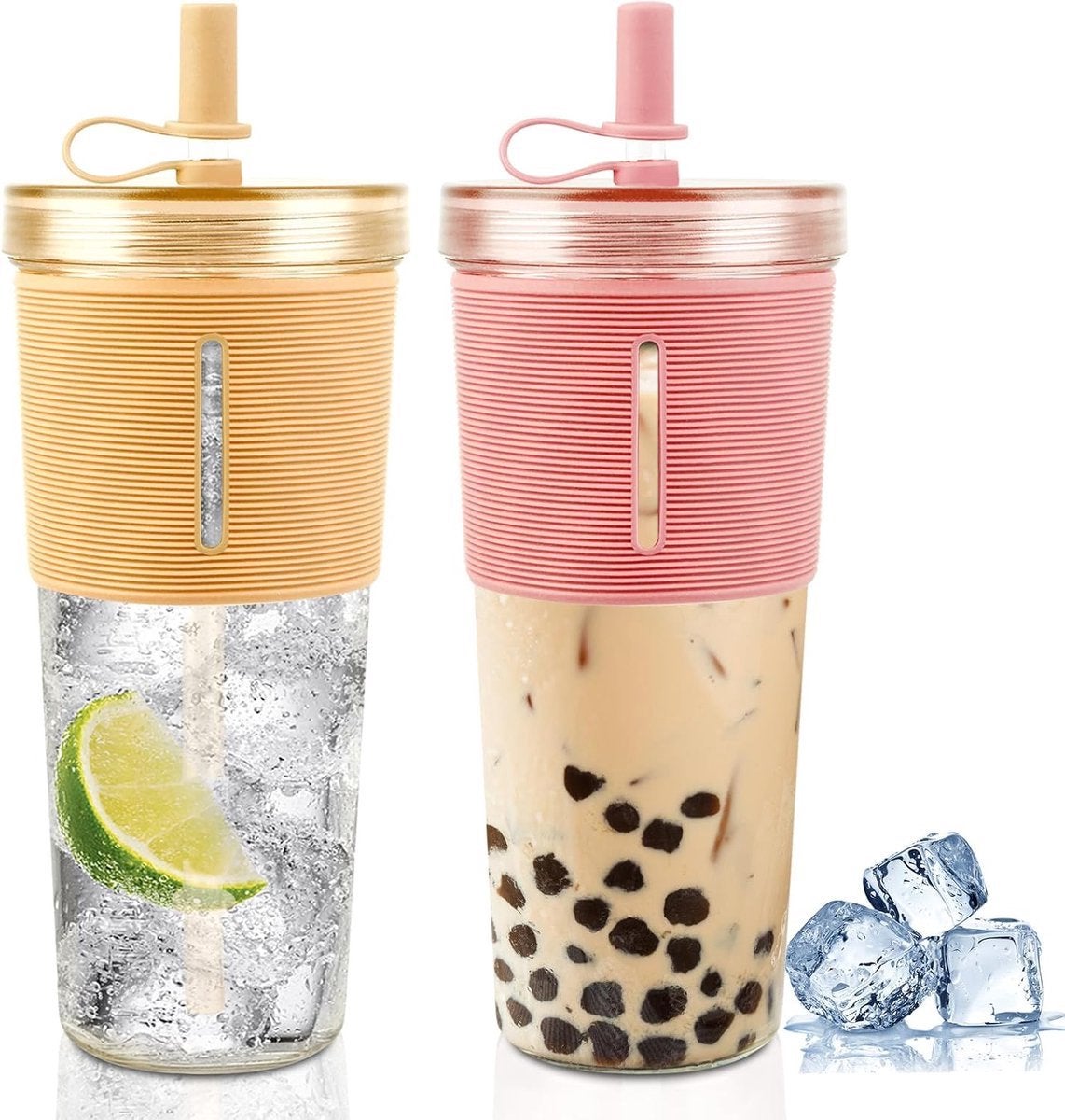 Pahare de plastic reutilizabile, cu pereți dubli, izolate, cu capace și paie, perfecte pentru smoothie-uri, ceai cu bule și cafea cu gheață. Set de 2. 2buc