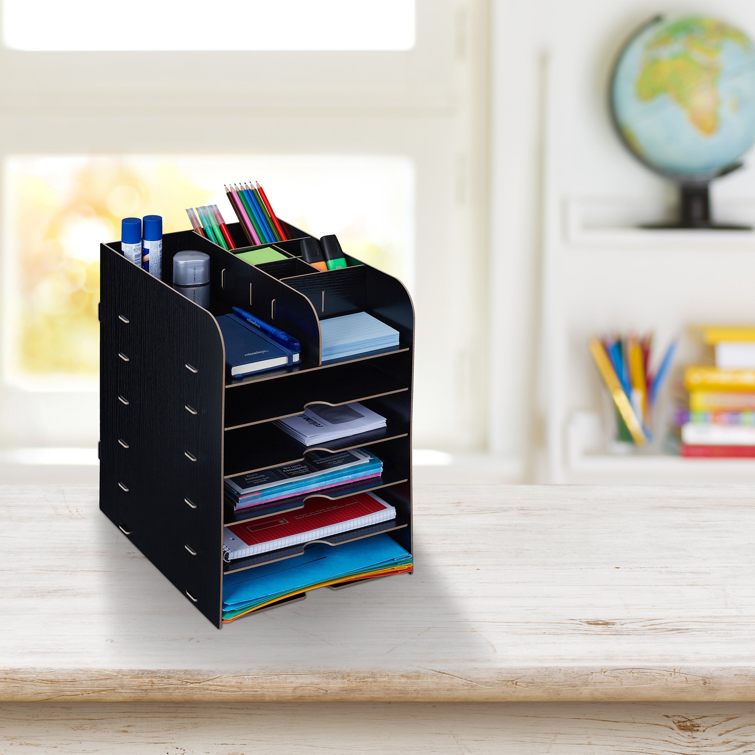 Relaxdays Organiseur De Bureau 12 Compartiments - Rangement Documents MDF Noir 34,5 X 25 X 32 Cm