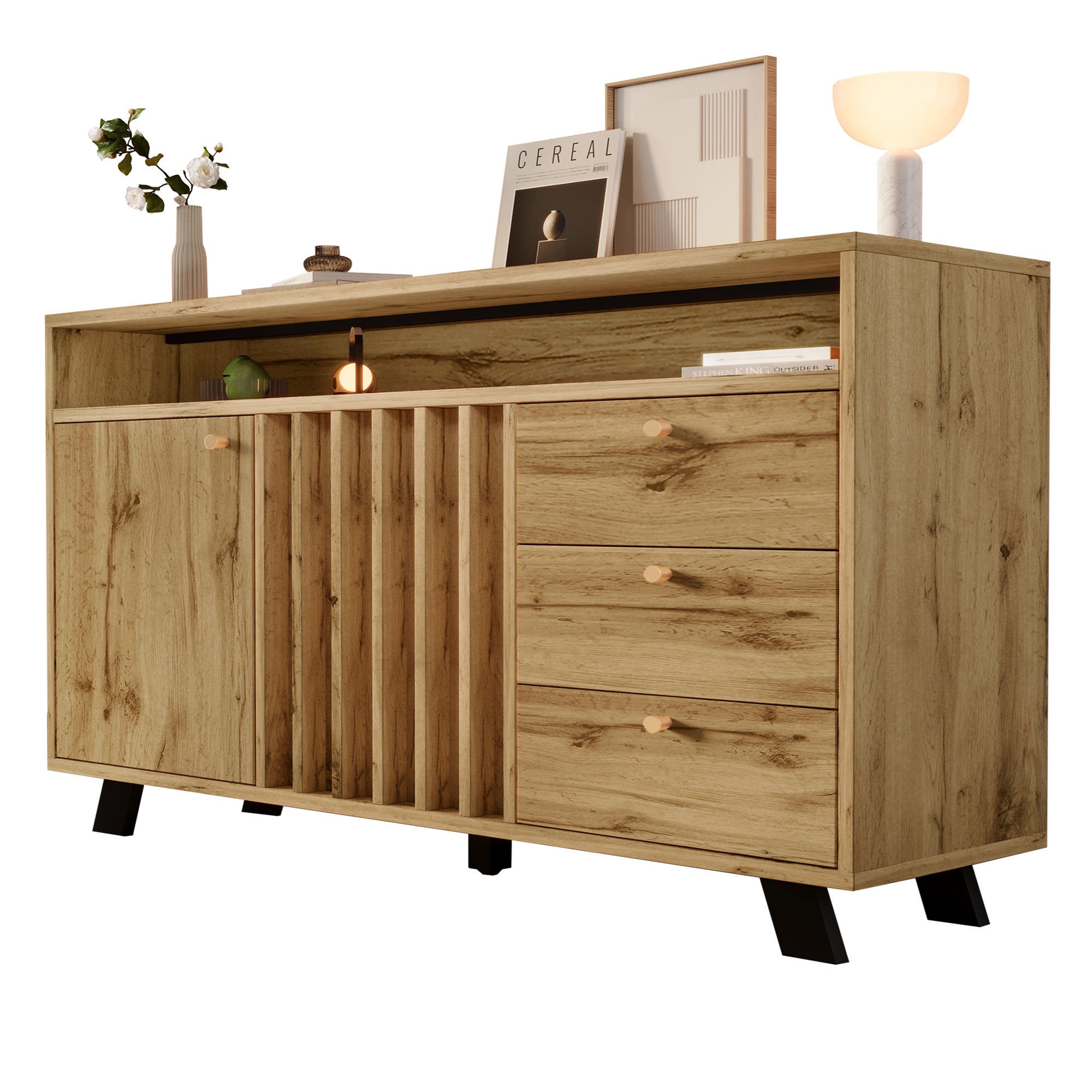 Buffet bas avec 3 tiroirs et 2 portes, commode - 120 x 40 x 85 cm - Panneaux de particules et MDF - Chêne foncé - 7