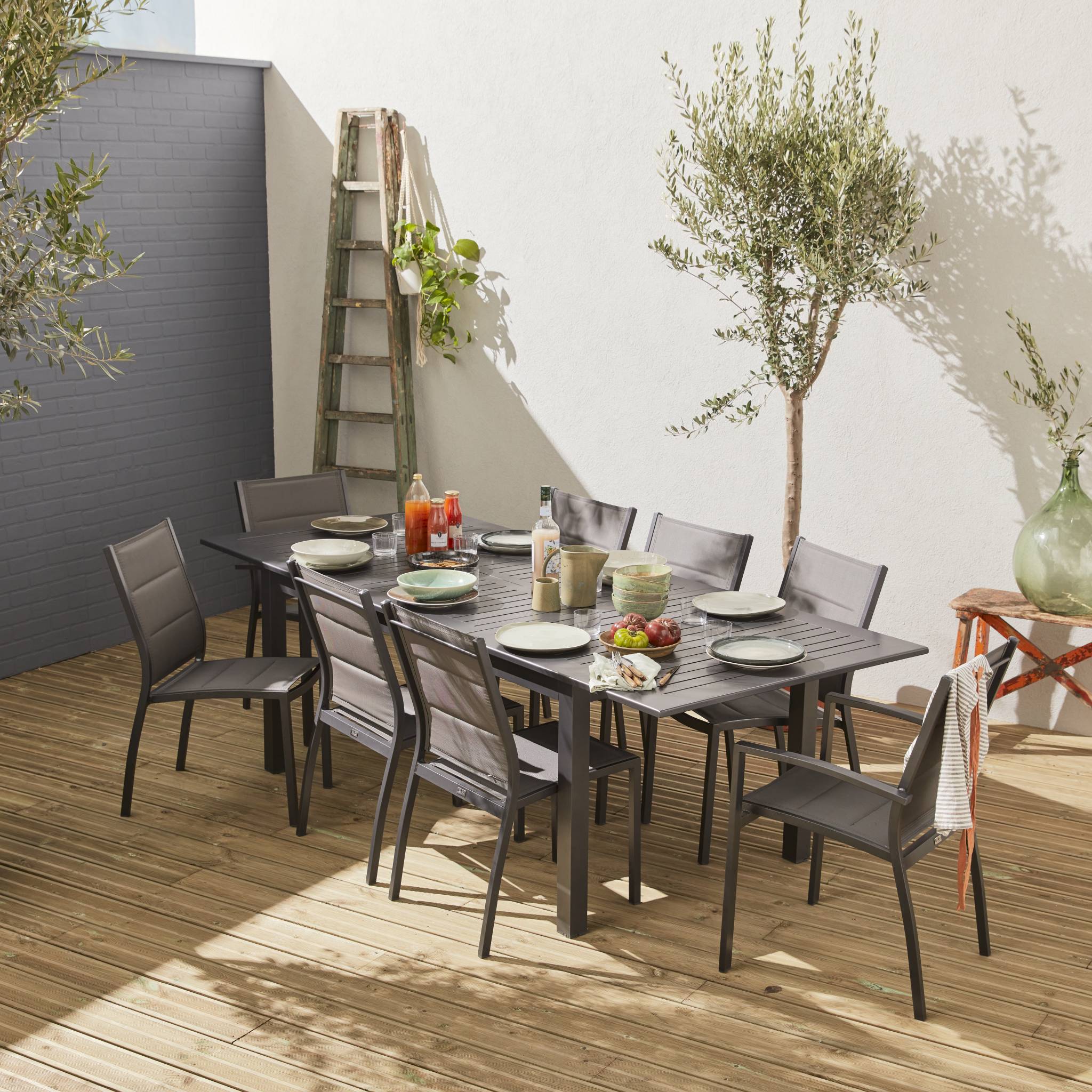 Table de jardin extensible aluminium + 8 assises - Chicago Anthracite/Gris taupe - Table en aluminium 175/245cm avec rallonge et 8 assises en - 2