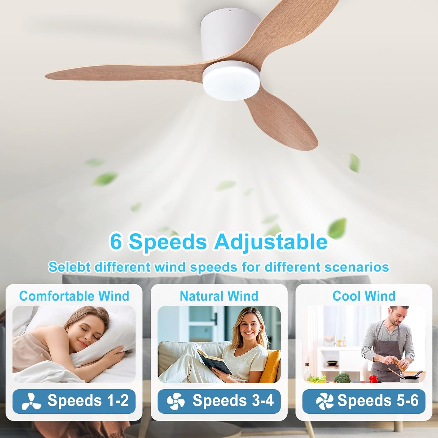 Ventilateurs de plafond de 42 pouces avec éclairage pour chambre à coucher, ventilateur à profil bas avec télécommande et pales Chêne réversibles - 4
