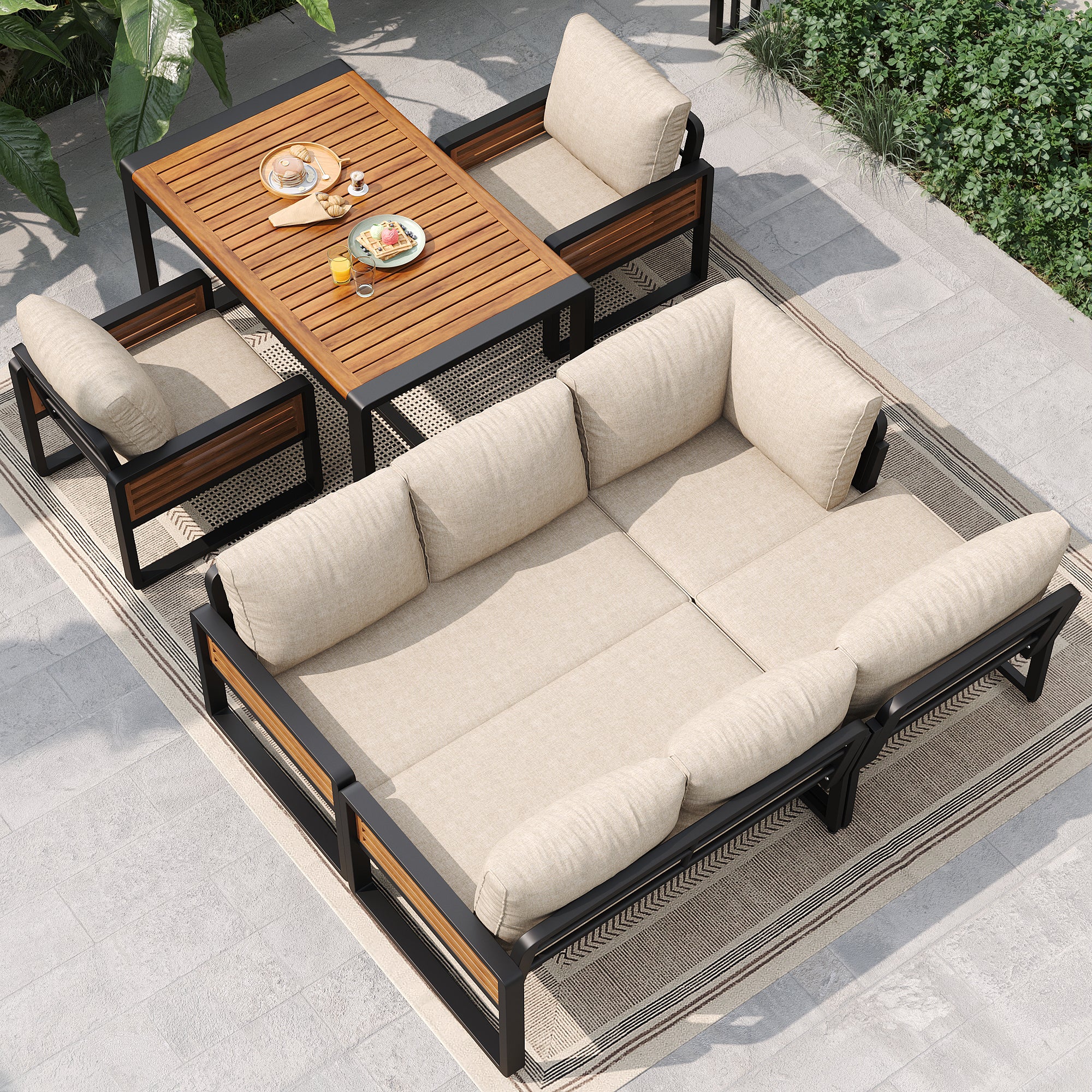 Salon de jardin modulable en fer galvanisé 7 places : 2 canapé 2 places + 3 fauteuils + 1 table 90 x 63 x 63 cm - Beige - 5