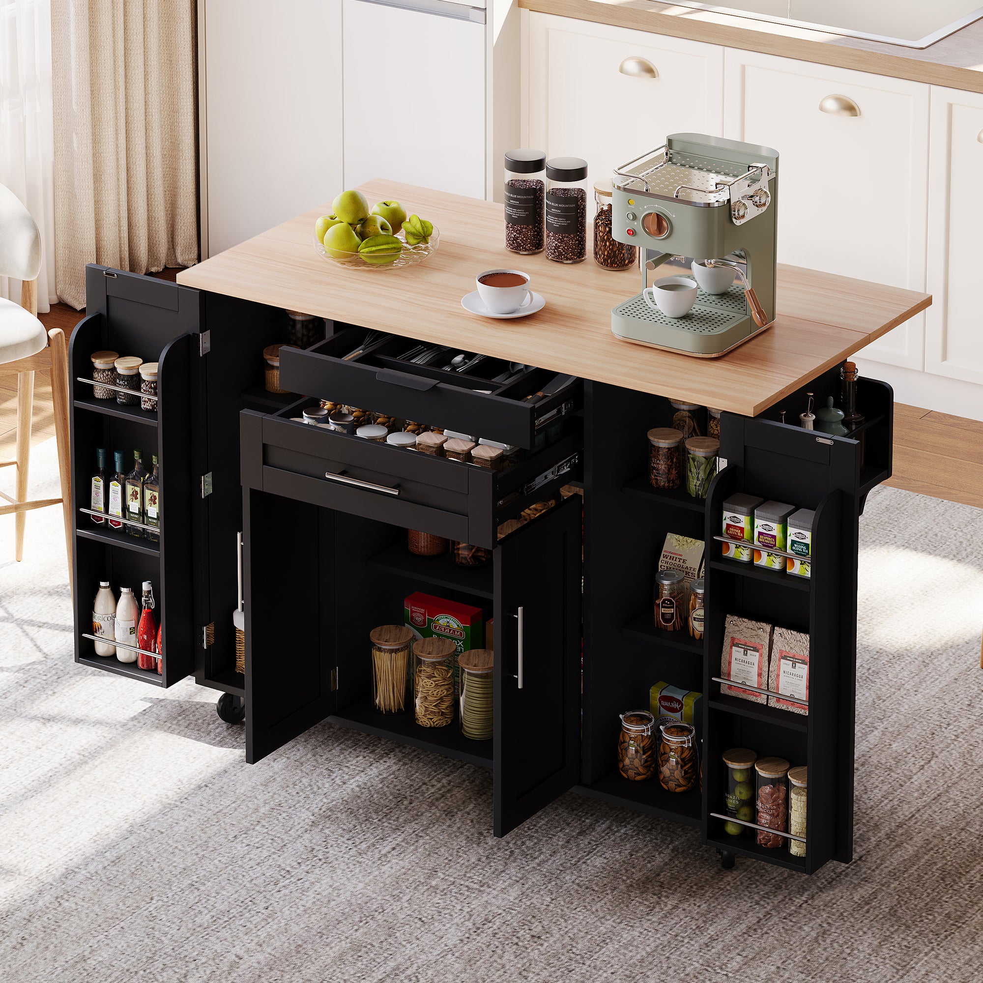 Mobilna wyspa kuchenna z 4 drzwiami i 2 szufladami - Wysuwany blat - 136 x 45/70 x 92 cm - MDF - Czarny + naturalny