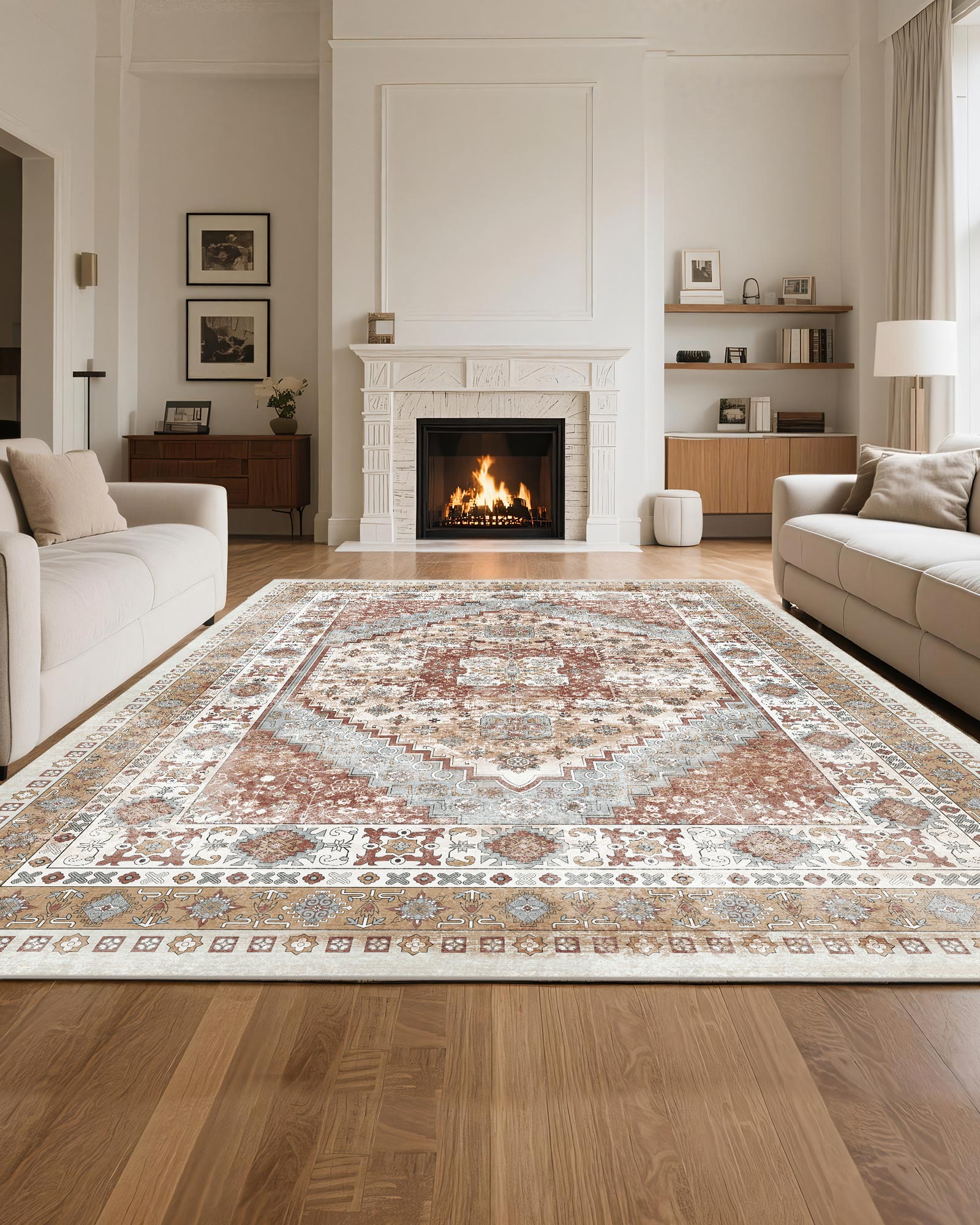 Tapete VEVOR, 2,4 x 3 m, resistente a riscos de animais de estimação, macio, estilo vintage, para quarto, escritório, corredor, castanho e vermelho - 2