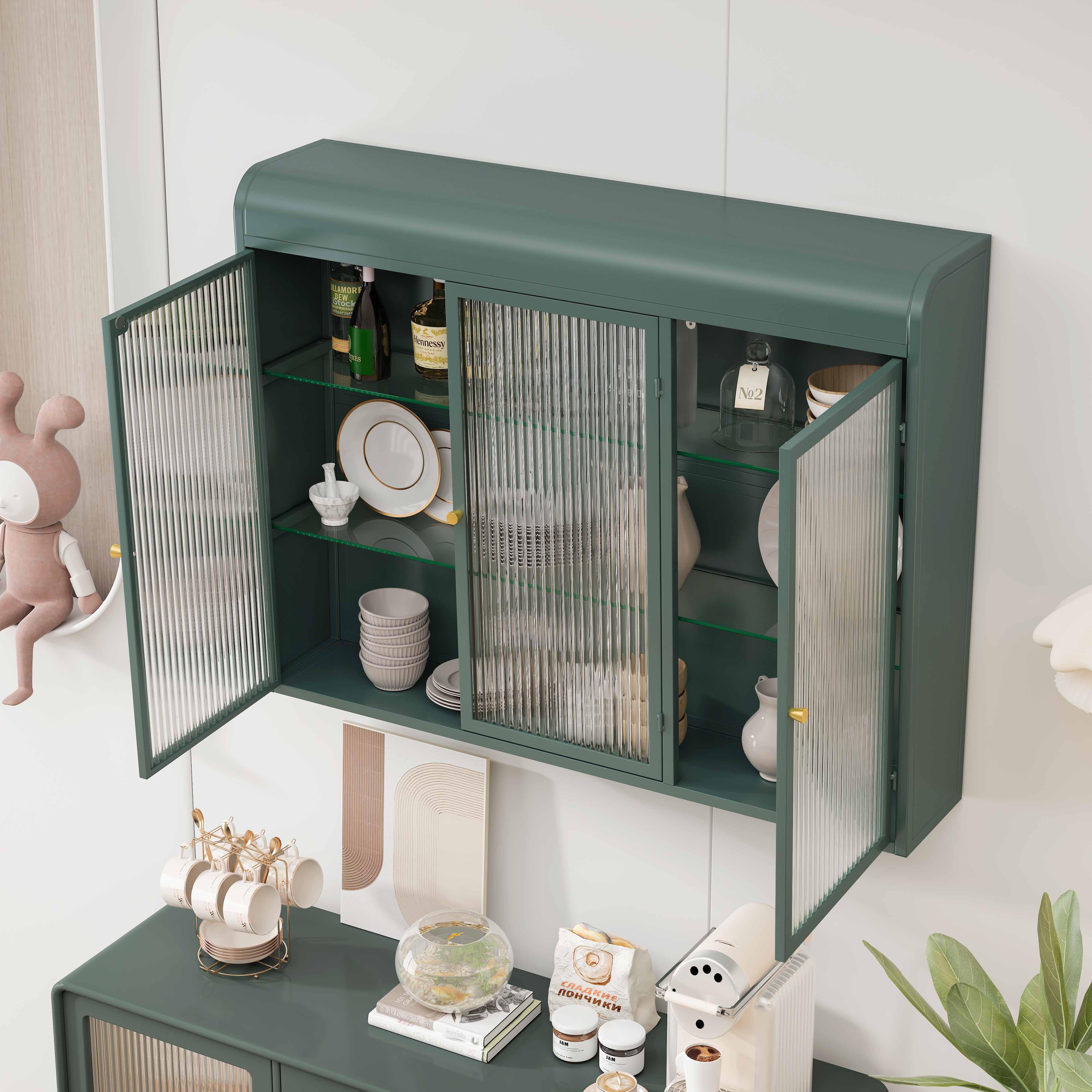 Vitrinas de vidrio arqueadas de 3 puertas para cocina, sala y baño (blancas)