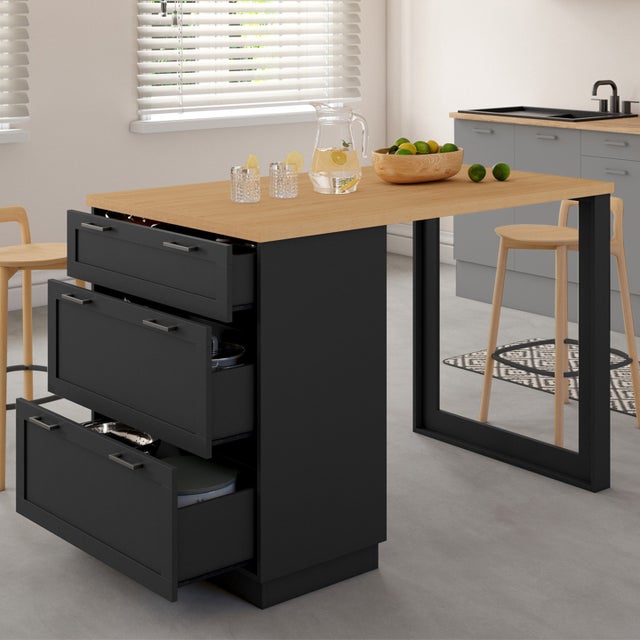 Ilot central mange-debout 4 personnes VITO 130 cm casserolier 3 tiroirs noir et plateau bois