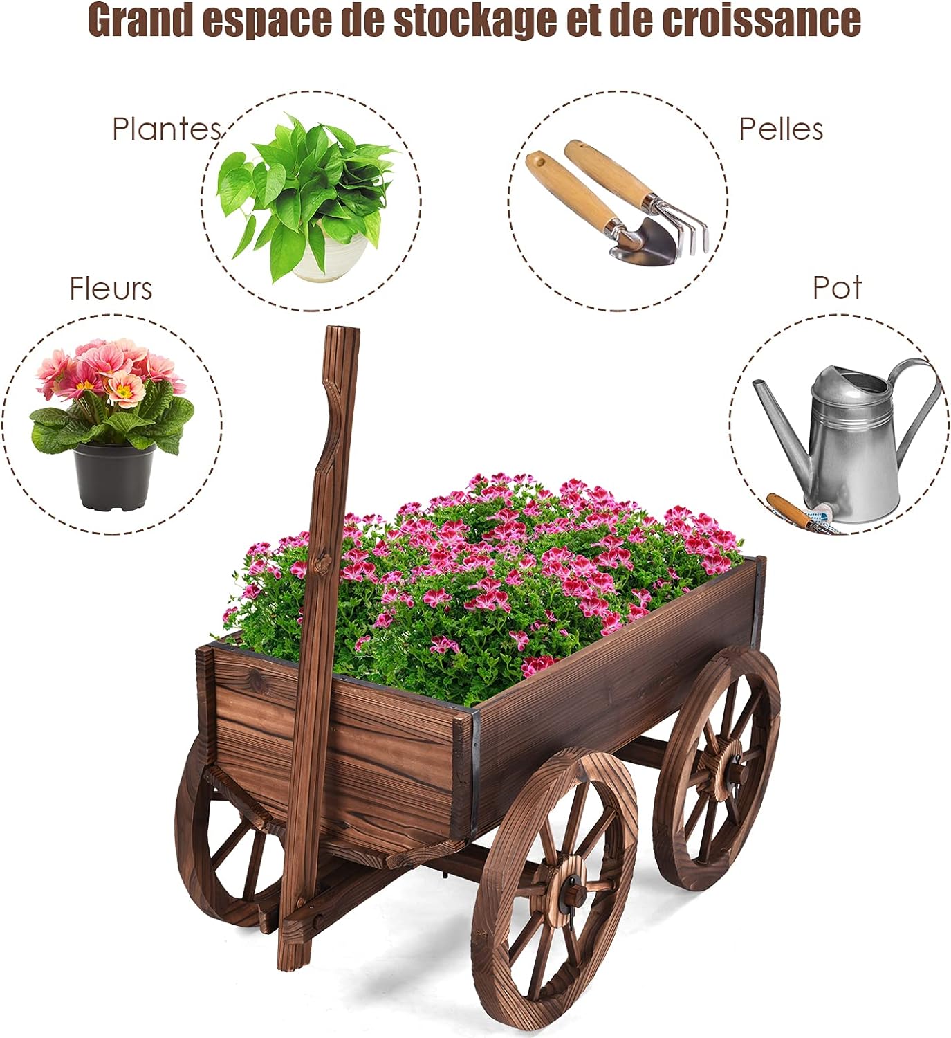 Jardinière en Bois de Sapin Brûlé 120 x 43 x 53 CM, Forme Brouette avec Poignée Reglable & 4 Roues & Trou de Drainage, Charge 50kg - 2