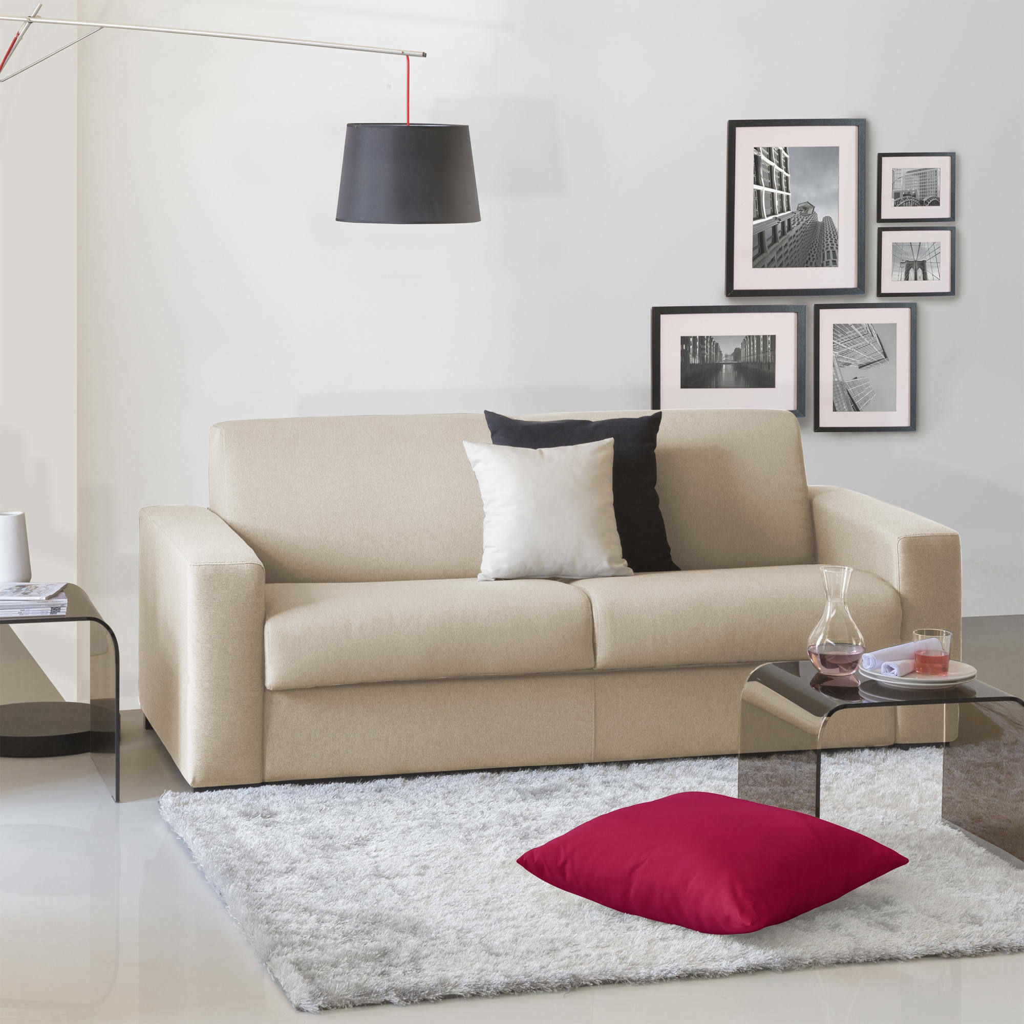 Sofá cama 3 plazas alicia, sofá de salón con apertura giratoria de tejido acolchado, reposabrazos slim, 100% made in italy, 200x95h90 cm, beige