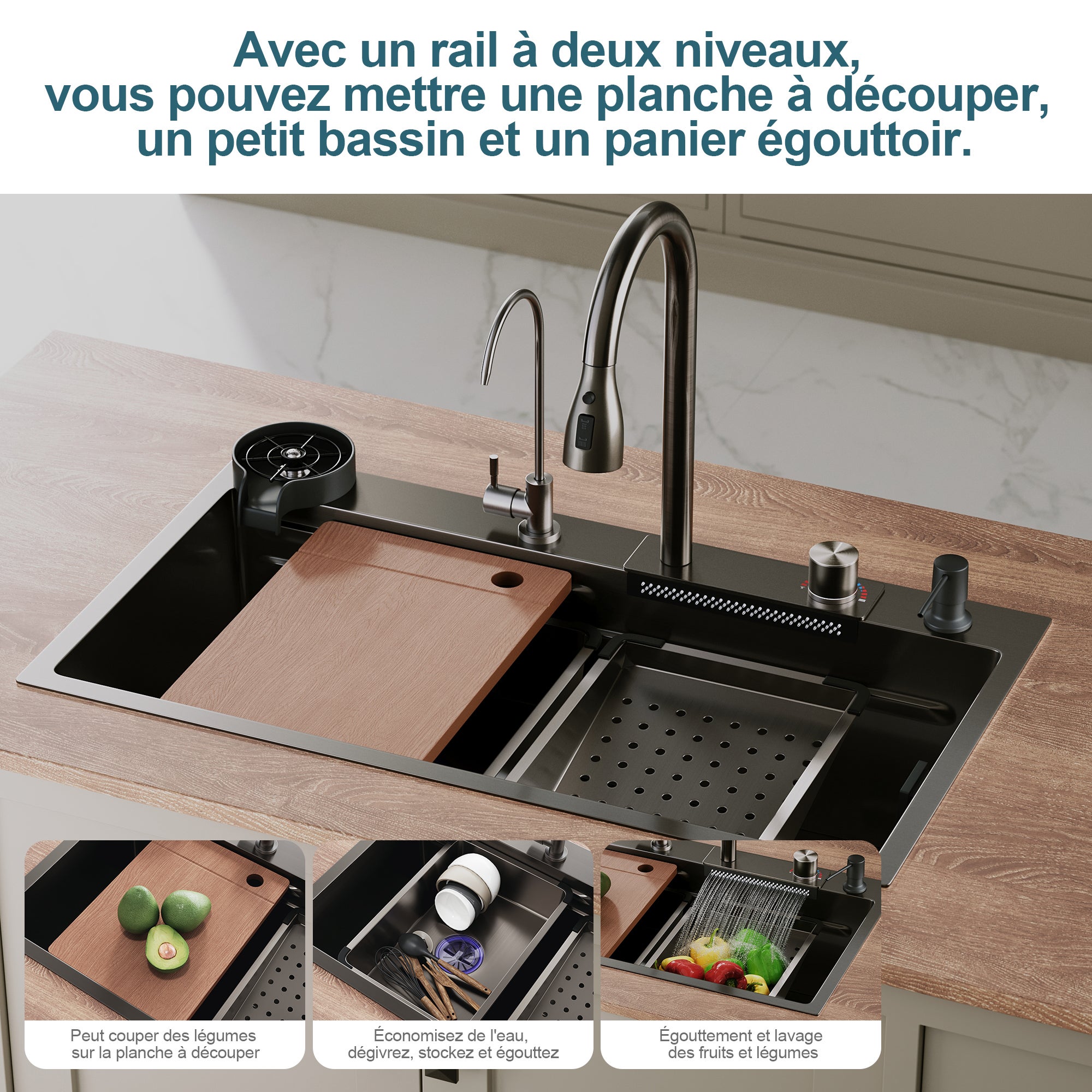 SIRHONA Évier de Cuisine Multifonctionnel Cascade 80x45 cm Robinet Extractible 3-en-1 Acier Inox 304 Anti-éclaboussures & Insonorisé - 8