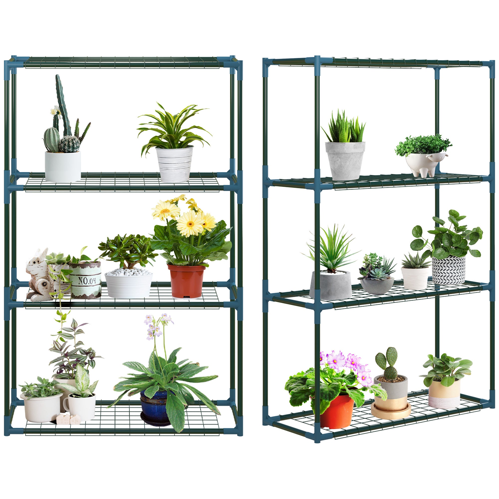 Lot de 2 Étagères à Fleurs en acier 4 Niveaux Intérieur et Extérieur. support de plantes 70 x 27 x 110 cm. vert - 2